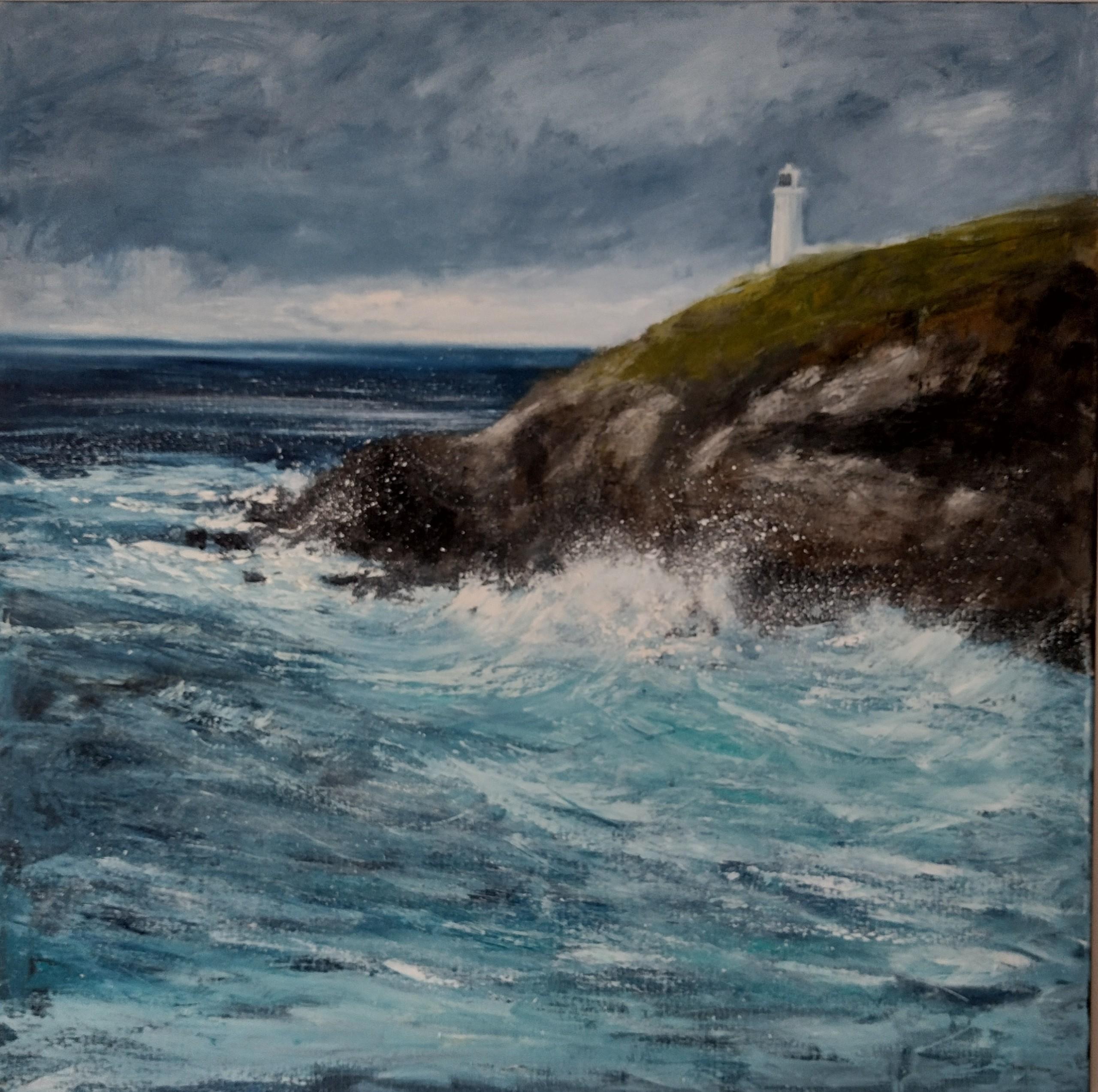 Figurative Painting Caroline McMillan Davey - Storm over Trevose head, peinture de Cornouailles, art de Padstow, art impressionniste