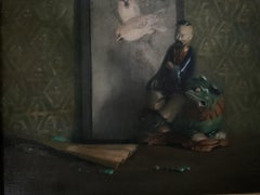 Exquisite Antique Still Life, Japanese Figures, Oil on Canvas by Caroline Pitkin