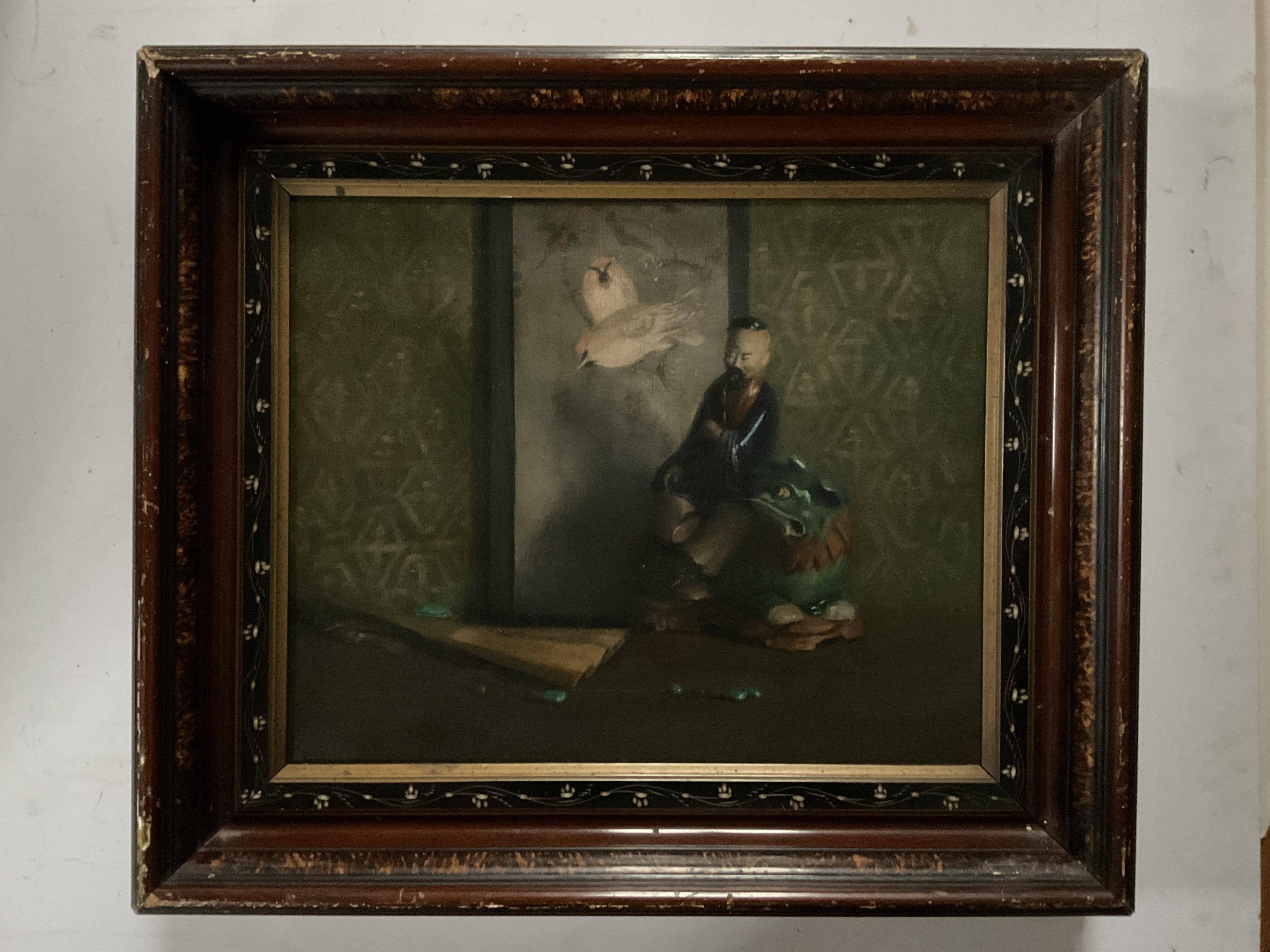 This is a spiritually inspired oil painting by noted American artist Caroline W. Pitkin. The Japanese themed setting is well composed with figures, a screened backdrop and a folded fan with a few beads included.  Although done in hushed tones, the