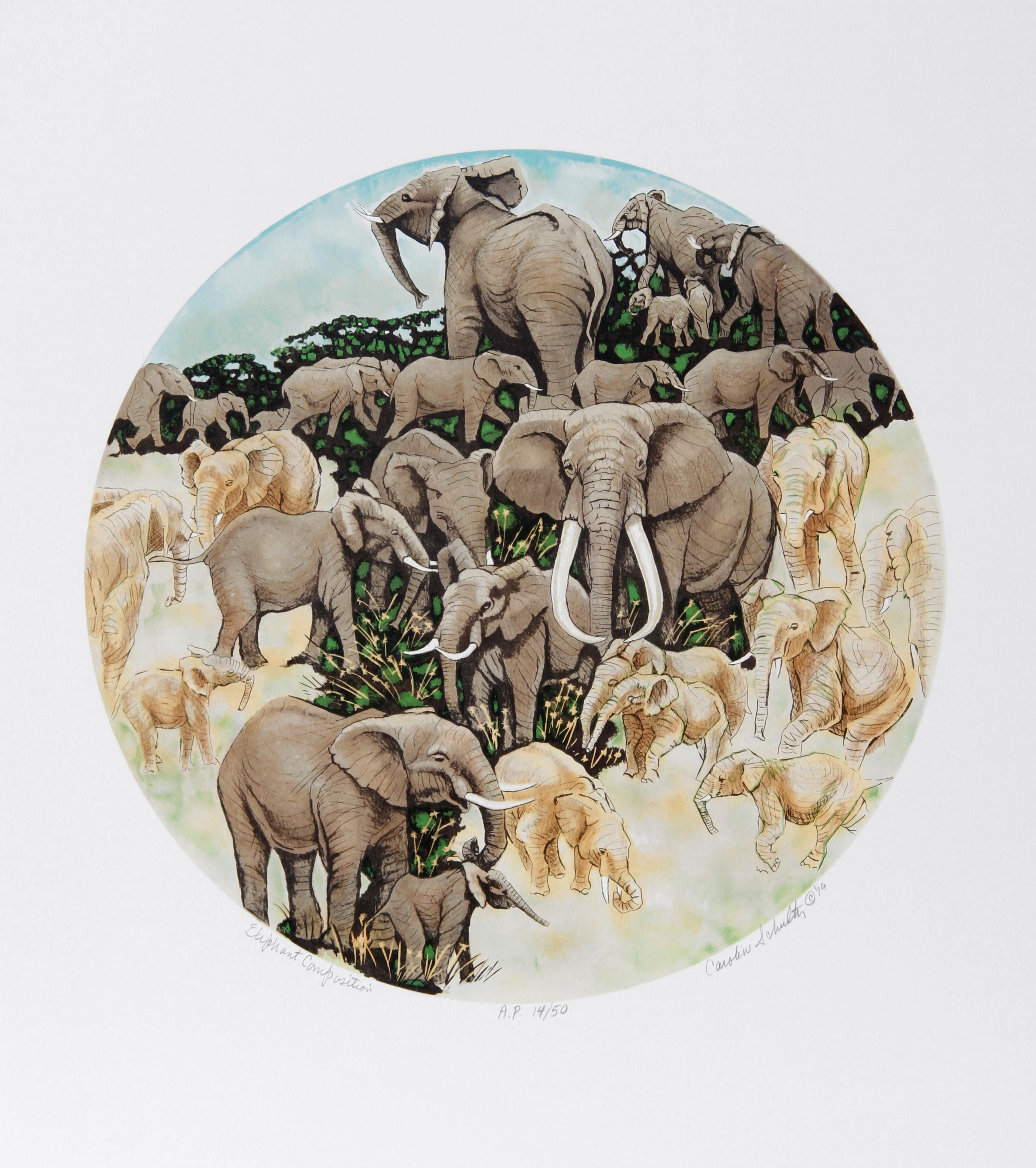 Composition de l'éléphant
Caroline Schultz, américaine (1936-2004)
Date : 1980
Lithographie, signée et numérotée au crayon
Edition de 300
Taille de l'image : 19 x 19 pouces
Taille : 73,66 cm x 58,42 cm (29 in. x 23 in.)