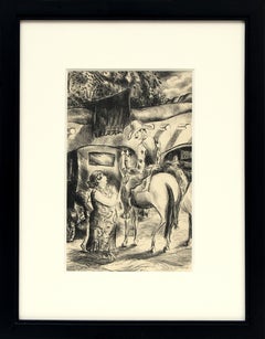 Cowboy on Horseback with Tourists, 1930s Fine Art Print, Regional American Scene