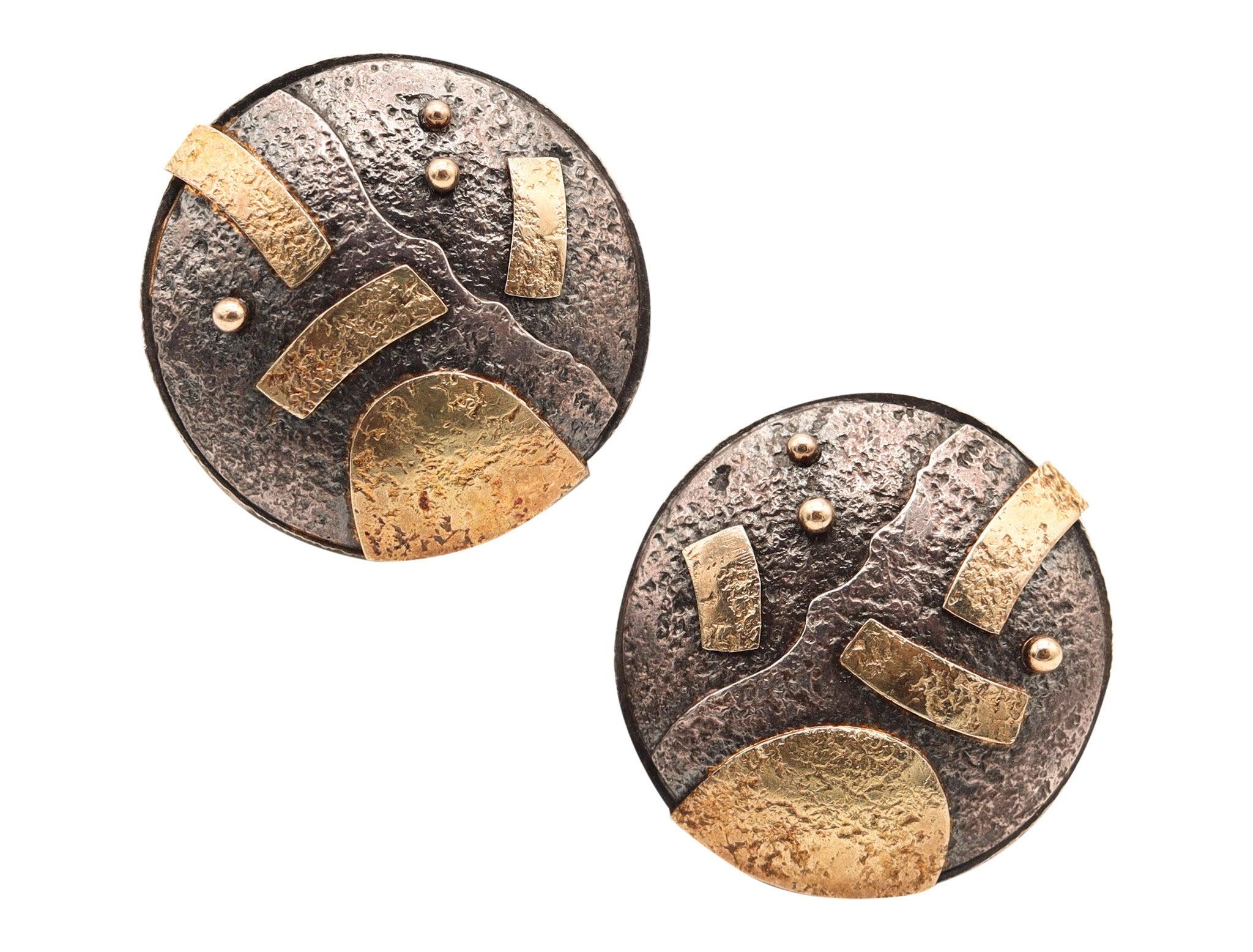 CAROLINE STRIEB 1980 Boucles d'oreilles sculpturales modernistes en or 18Kt et argent 925