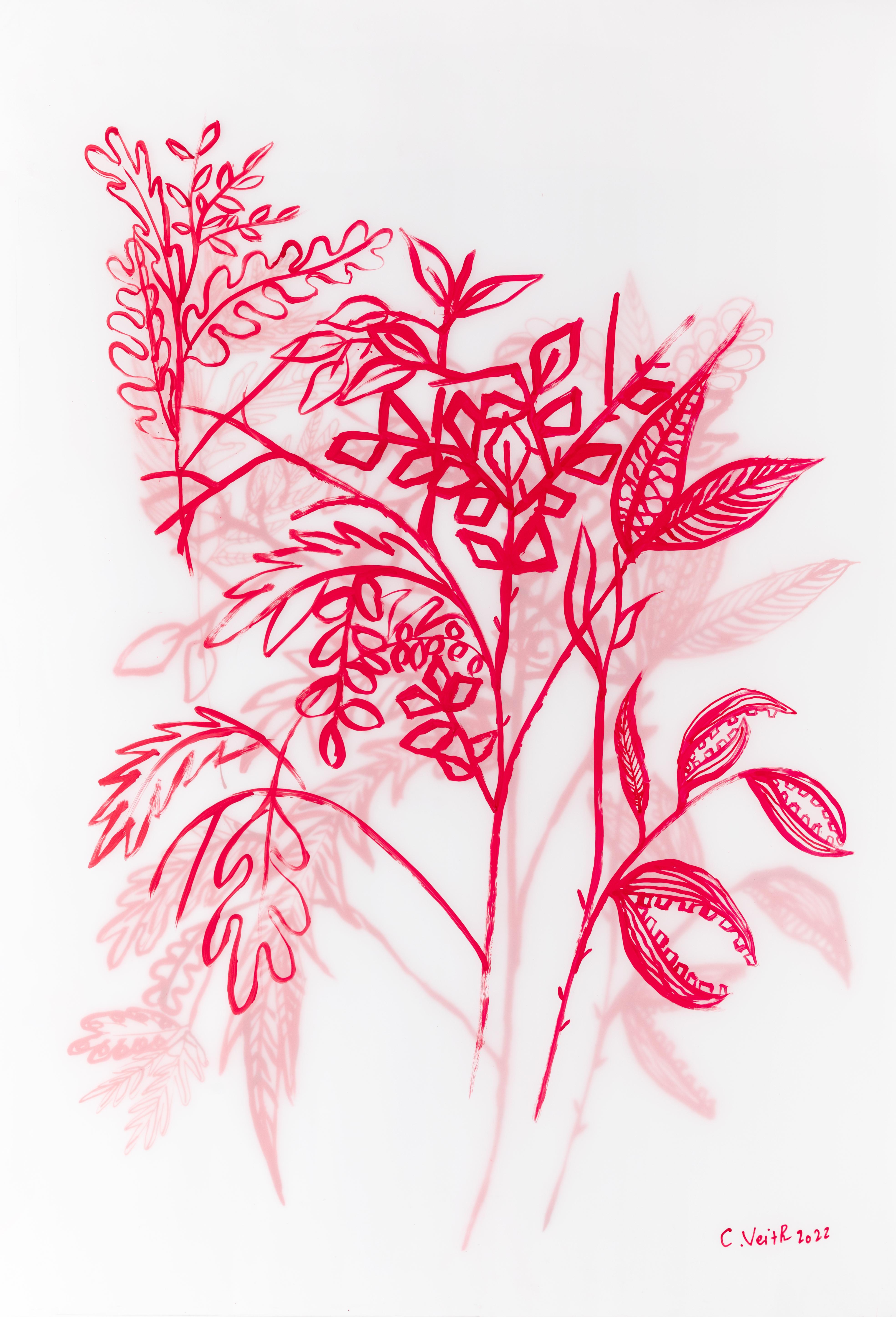 Caroline Veith: „The wild grass“, zeitgenössische Zeichnung in Flora und Rot