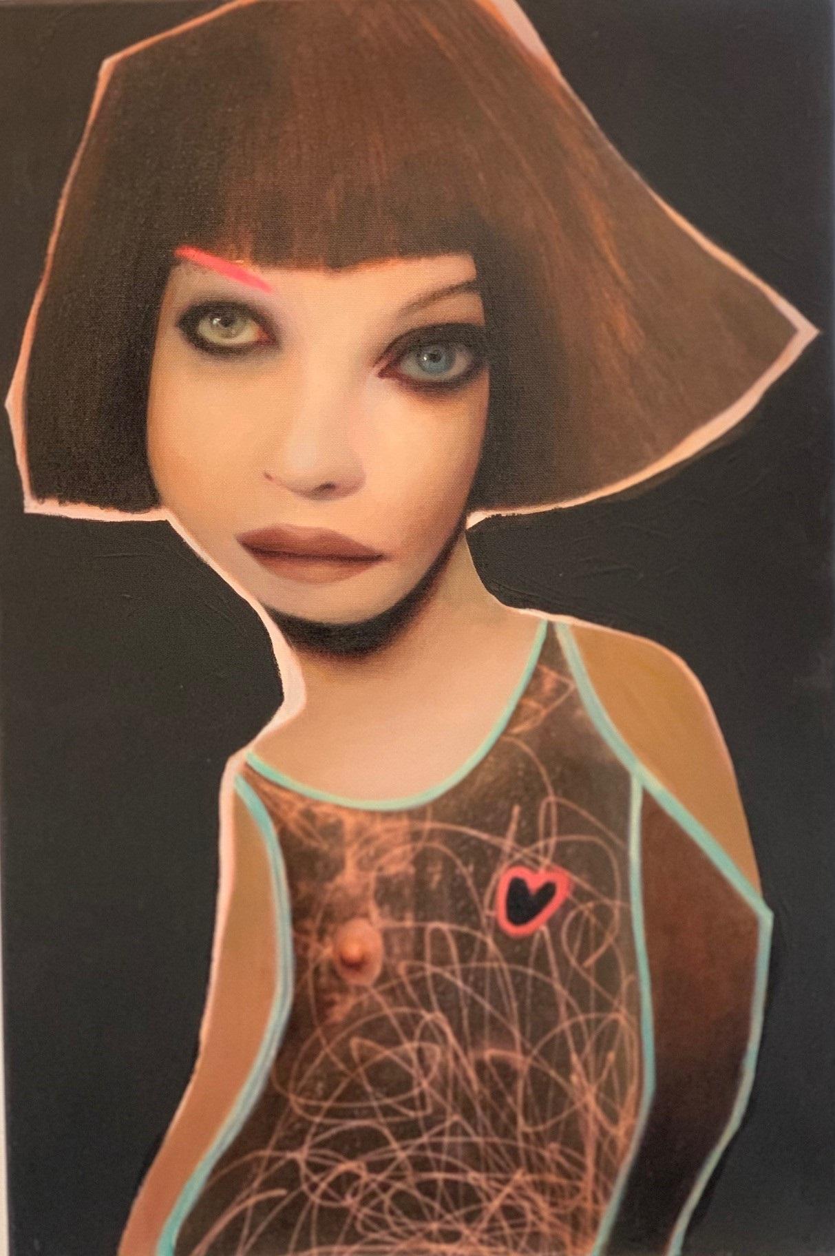Spielerei Mixed Media Portrait Girl Oil Paint In Stock - Mixed Media Art by Caroline Westerhout