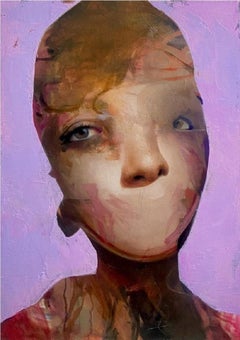 In Denial Portrait Oil on Canvas Painting Pink Surreel In Stock