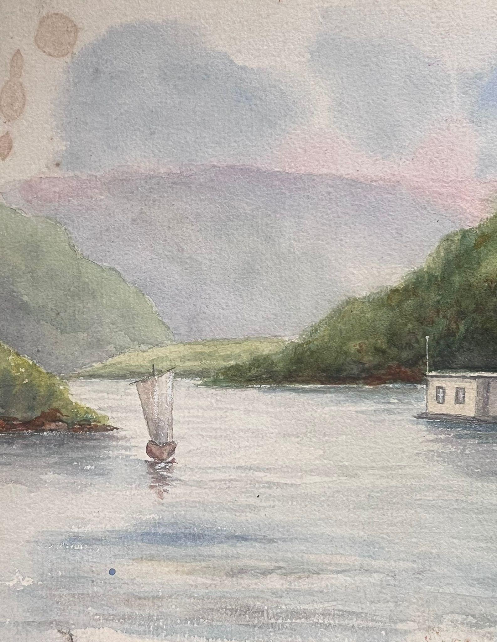 Fine Antique British Watercolour Painting Boat House In Blue Mountain River For Sale 1