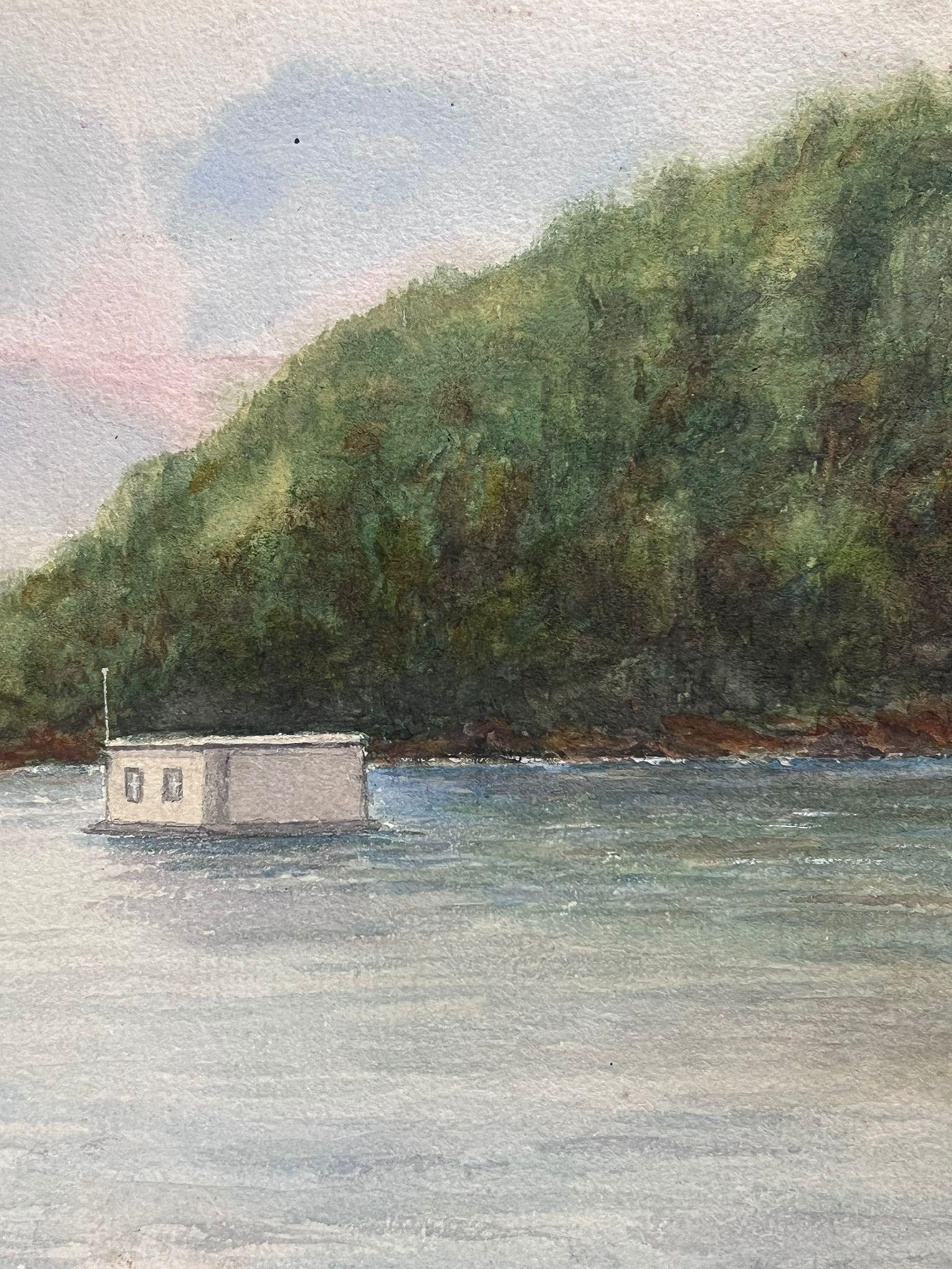 Fine Antique British Watercolour Painting Boat House In Blue Mountain River For Sale 2