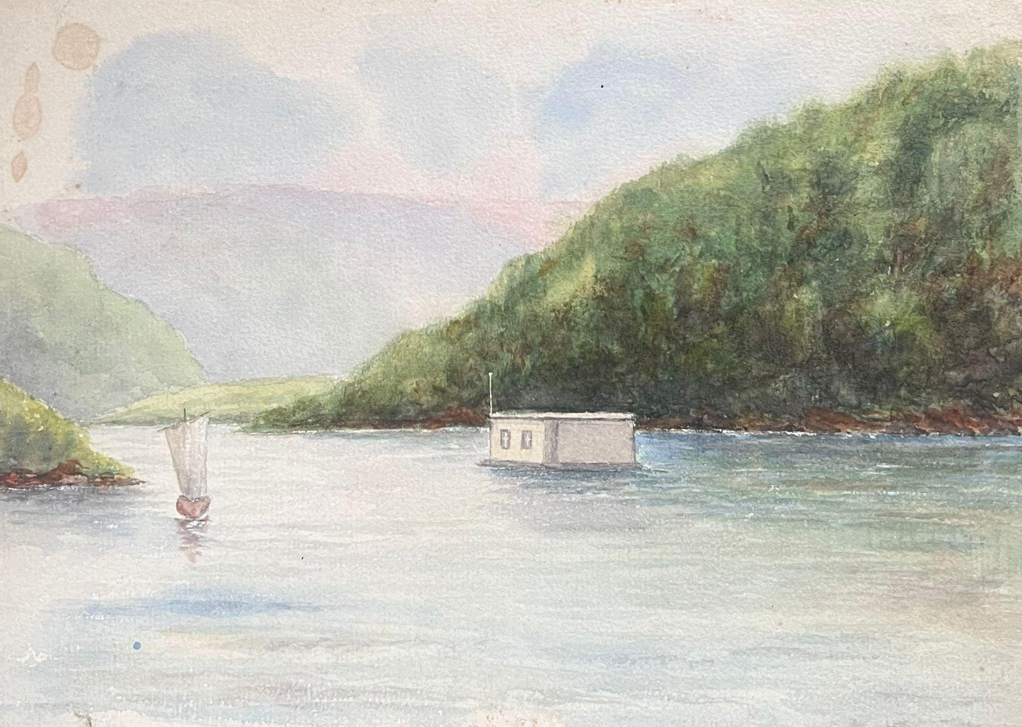 Caroline Worsley Landscape Painting - Fine Antique British Watercolour Painting Boat House In Blue Mountain River