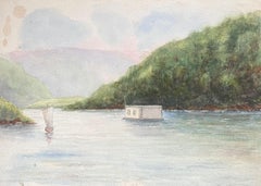 Fine aquarelle britannique ancienne représentant une maison de bateau dans une rivière de montagne bleue