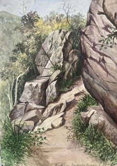 Fine Antique British Watercolour Painting Rocks Path To Buffalo River Landscape