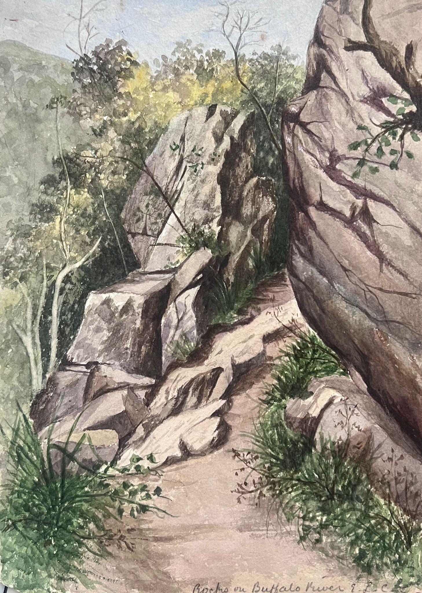 Landscape Painting Caroline Worsley - Fine Antique British Watercolour Painting Rocks Path To Buffalo River Landscape (peinture à l'aquarelle de rochers vers la rivière Buffalo) 