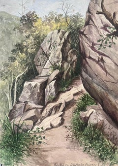Raffinato acquerello di Antique British che dipinge il sentiero delle rocce verso il fiume Buffalo, paesaggio