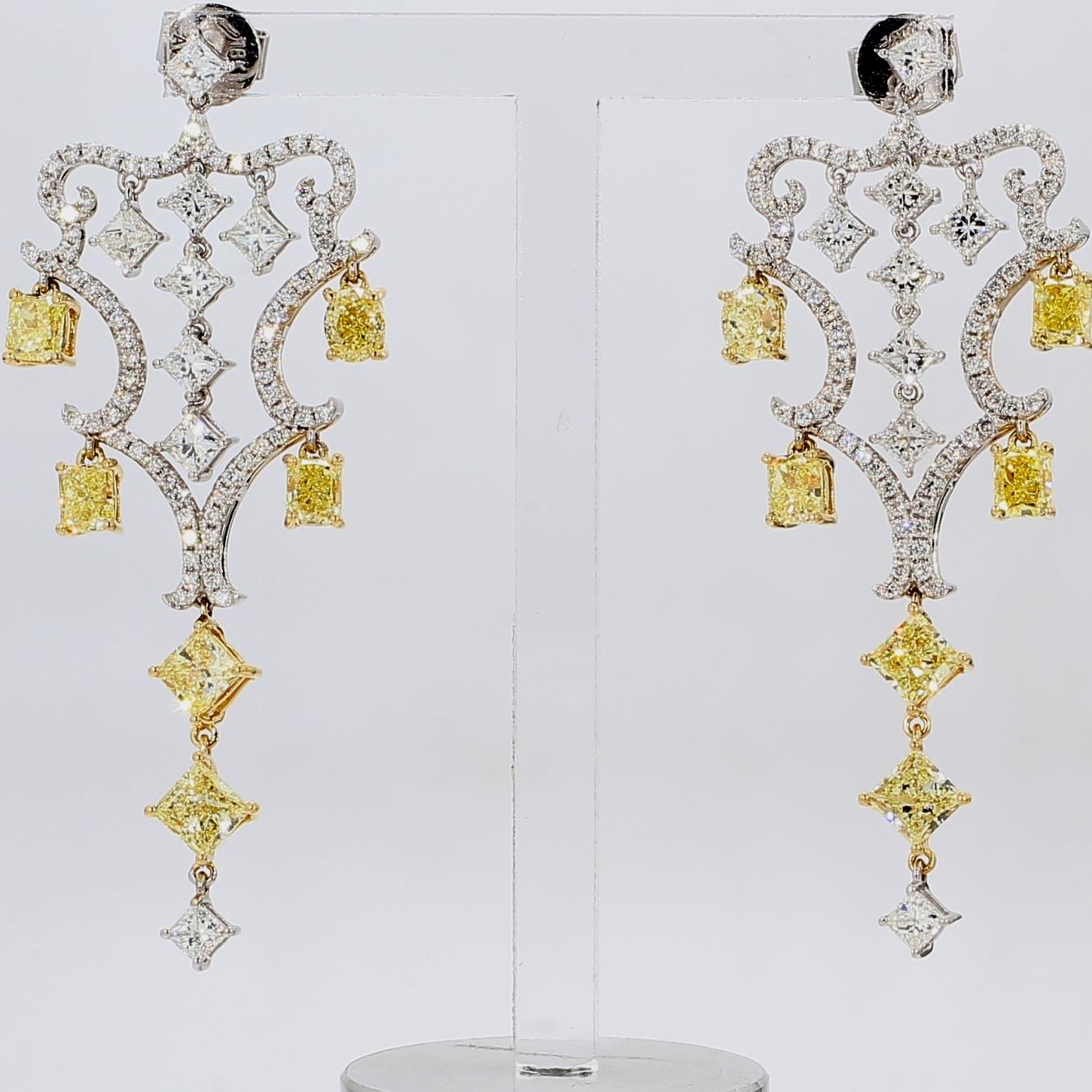 Princess Cut Multishape 18K Yellow Gold Pushback Chandellier Earrings For Sale