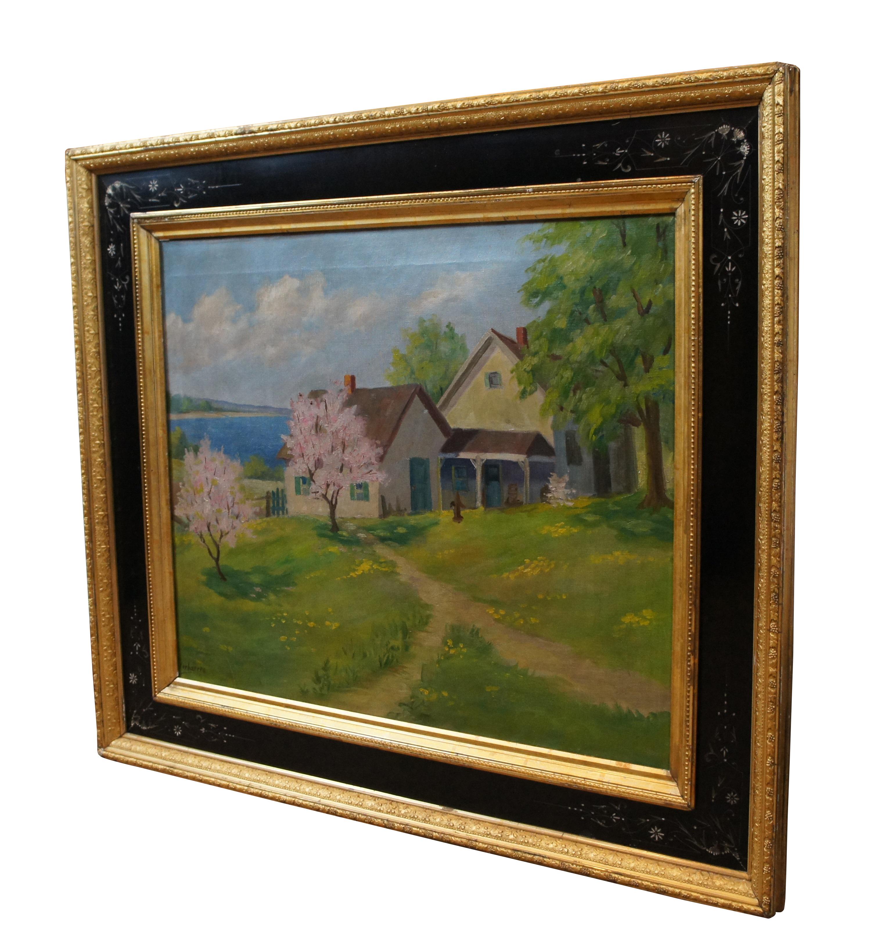 Vintage Carolus Verhaeren peinture à l'huile sur toile représentant une scène de paysage côtier avec des montagnes, de l'eau et une maison / cottage.  Encadré Cadre esthétique doré et ébonisé d'époque.

Né à Anvers, en Belgique, le 18 juin 1908.