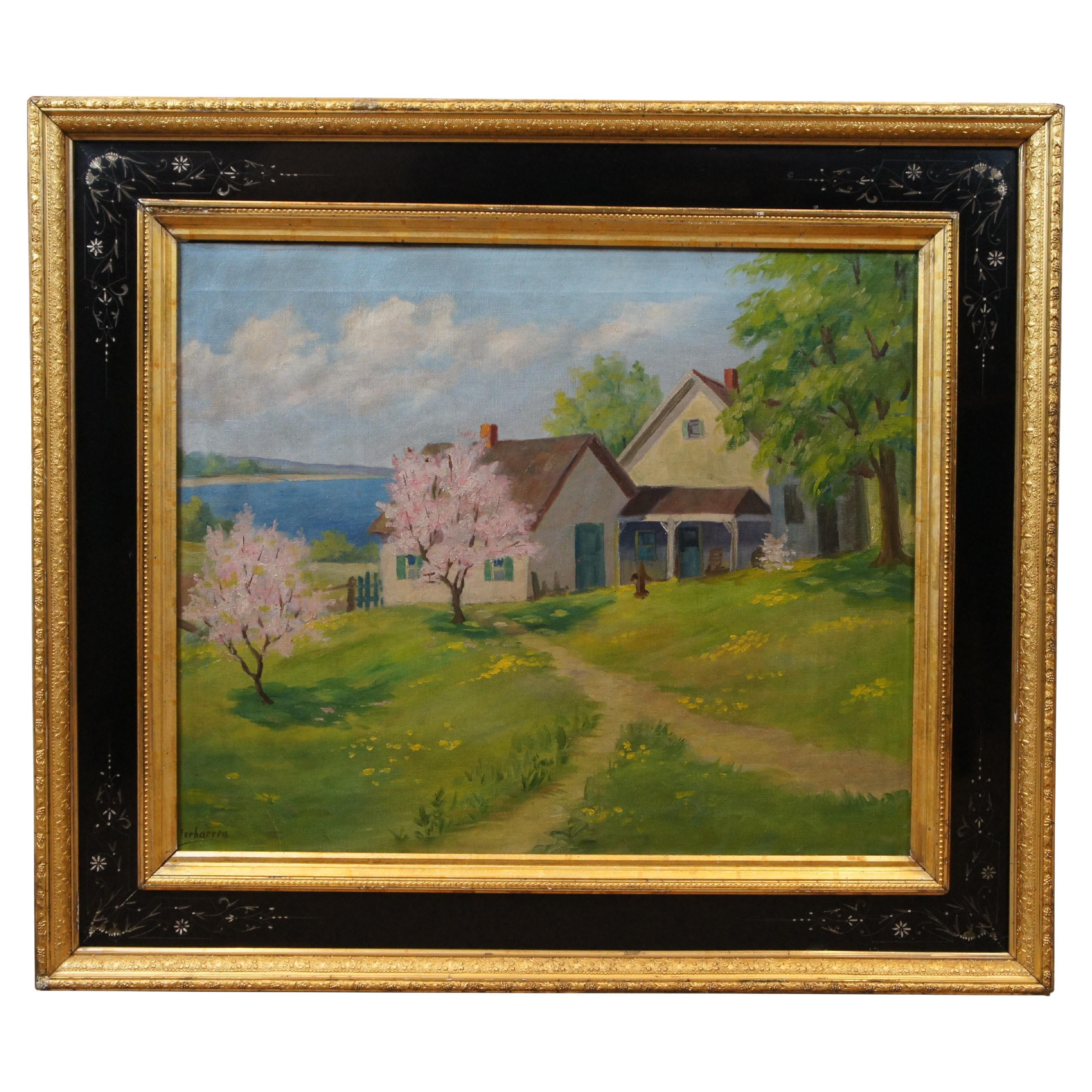 Carolus Verhaeren 1908-1956 paysage côtier peinture à l'huile sur toile 36"