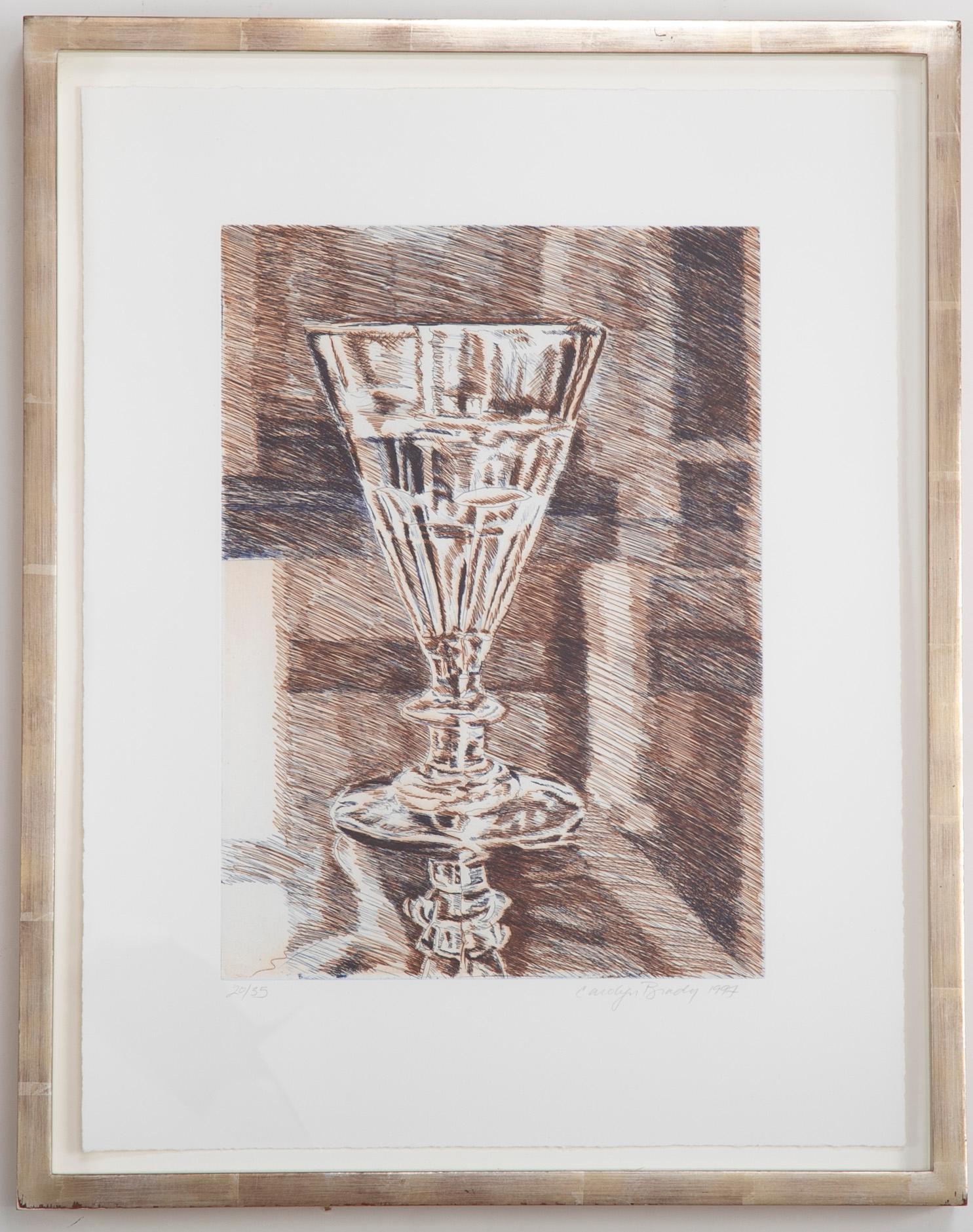 Carolyn Brady etching in browns of a water glass. Signed and numbered 20/35. Dated 1997.