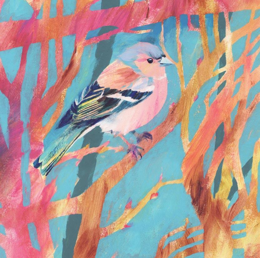 Chaffinch, Carolyn Carter, Art oiseau, peinture d'animaux, Bright Art, Spring Art