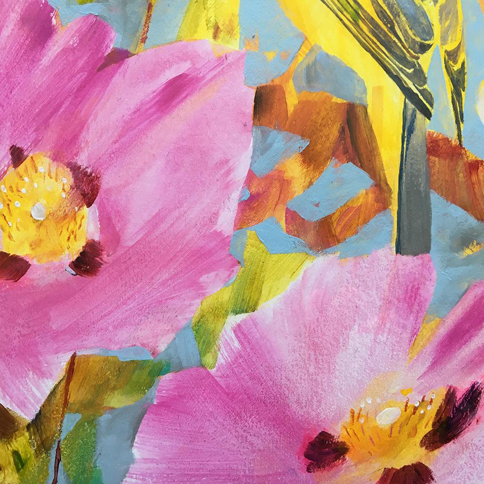 Díptico de Gorrión estival y Papamoscas canario, pinturas originales, Primavera en venta 6