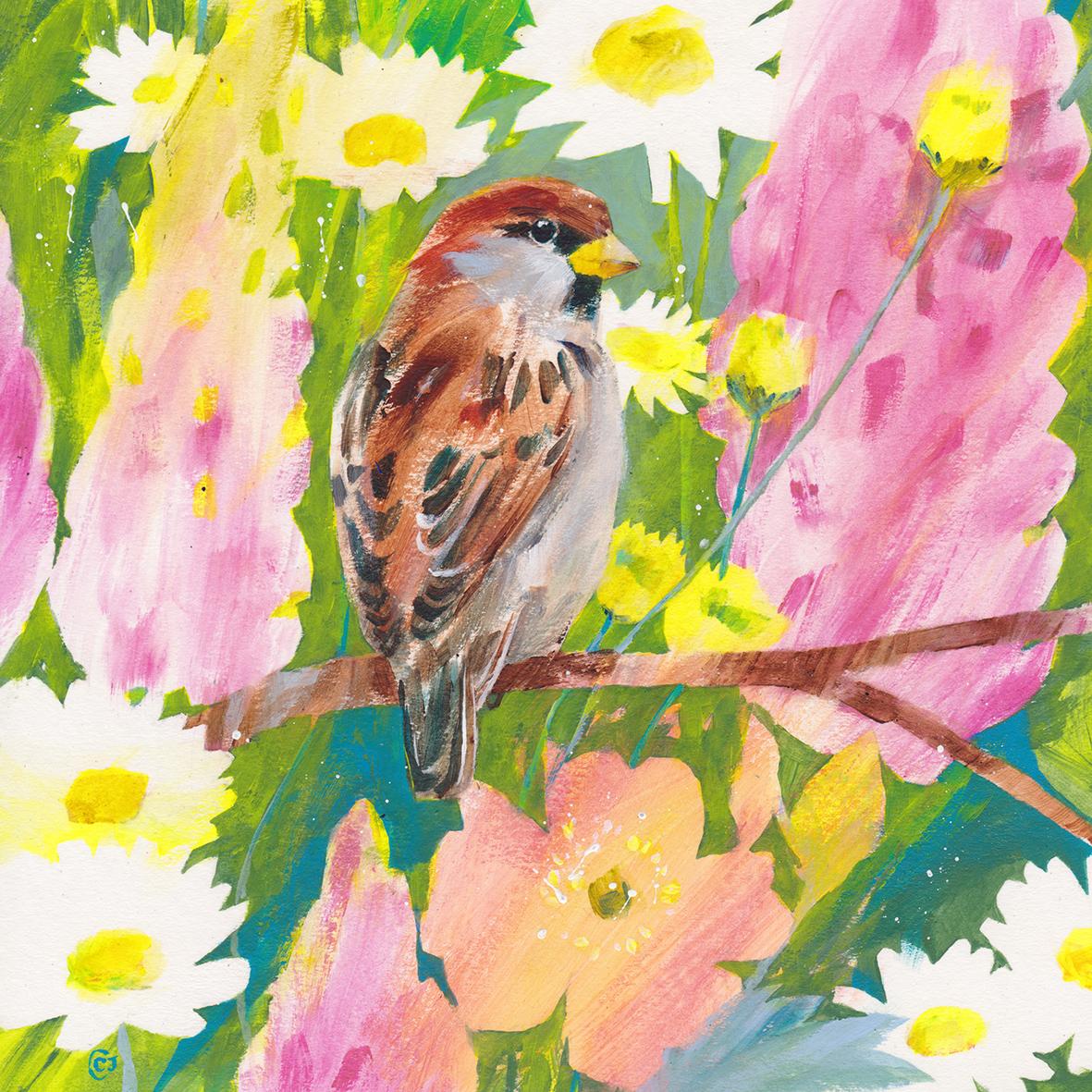 Díptico de Gorrión estival y Papamoscas canario, pinturas originales, Primavera en venta 7
