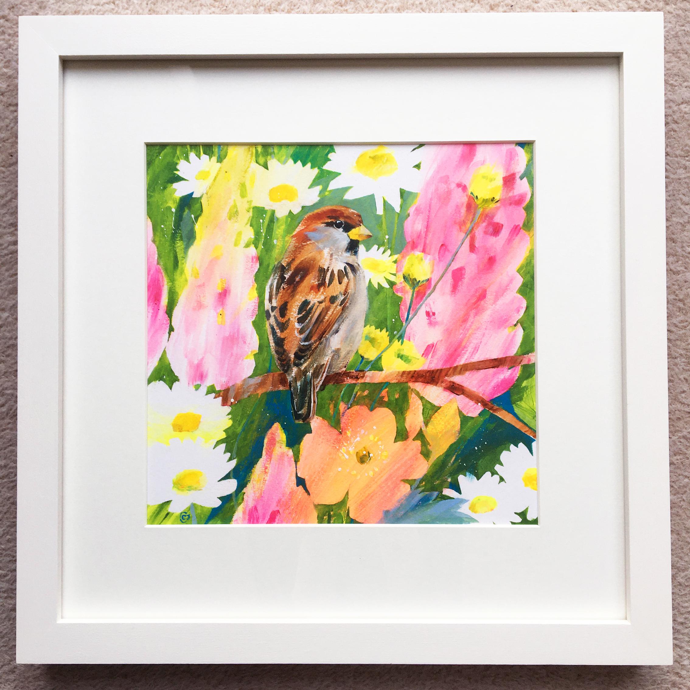 Díptico de Gorrión estival y Papamoscas canario, pinturas originales, Primavera en venta 8