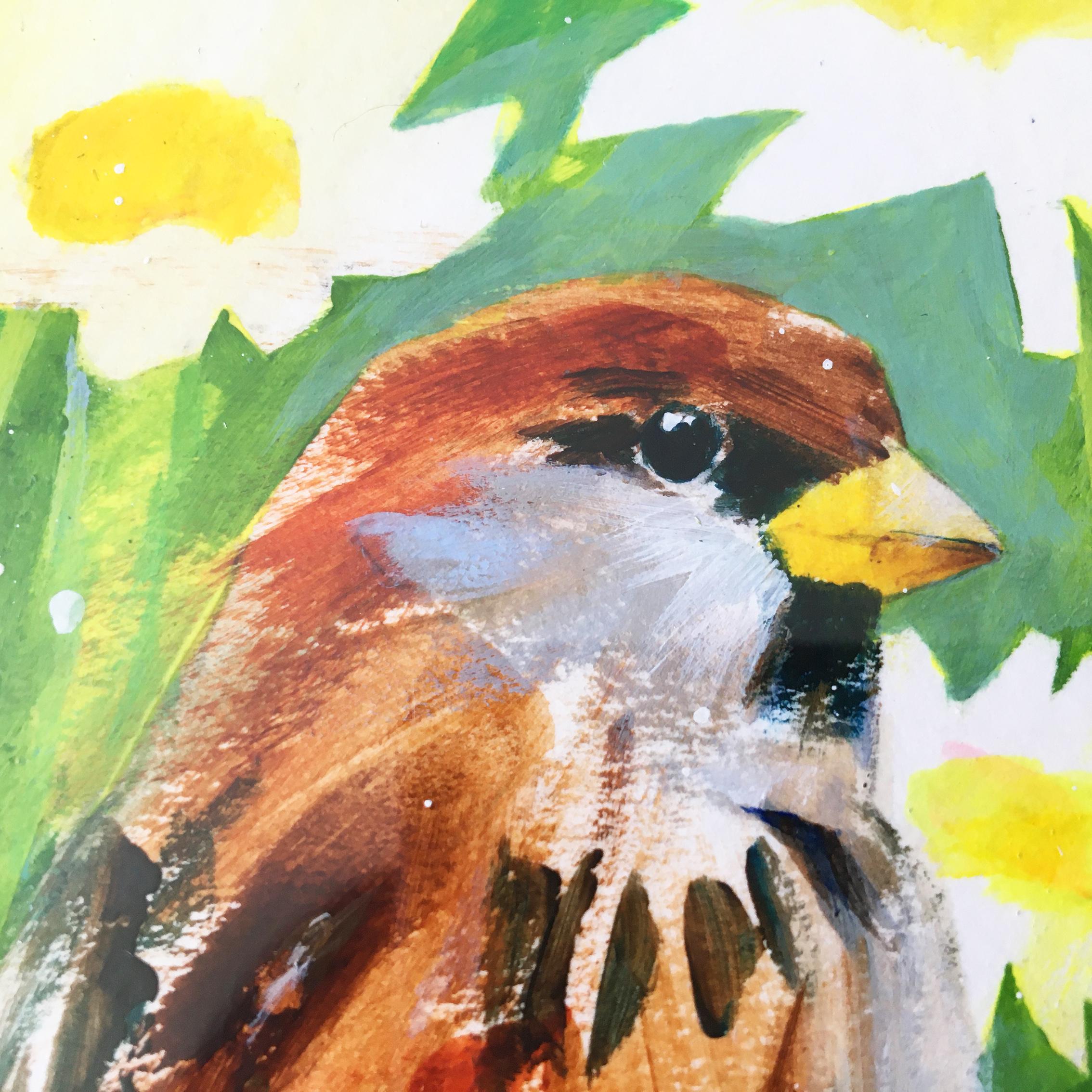 Díptico de Gorrión estival y Papamoscas canario, pinturas originales, Primavera en venta 12