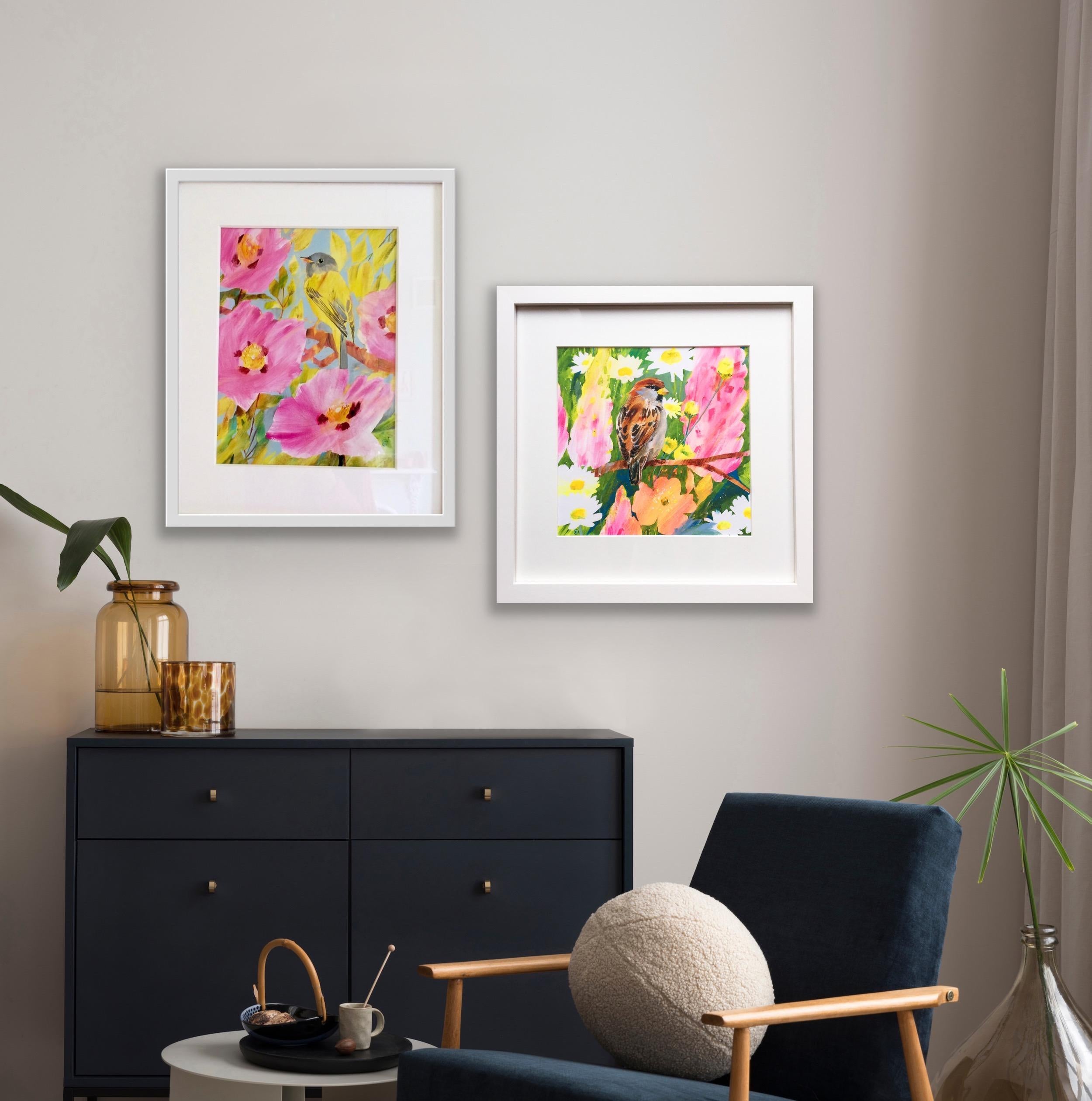 Díptico de Gorrión estival y Papamoscas canario, pinturas originales, Primavera - Painting Contemporáneo de Carolyn Carter