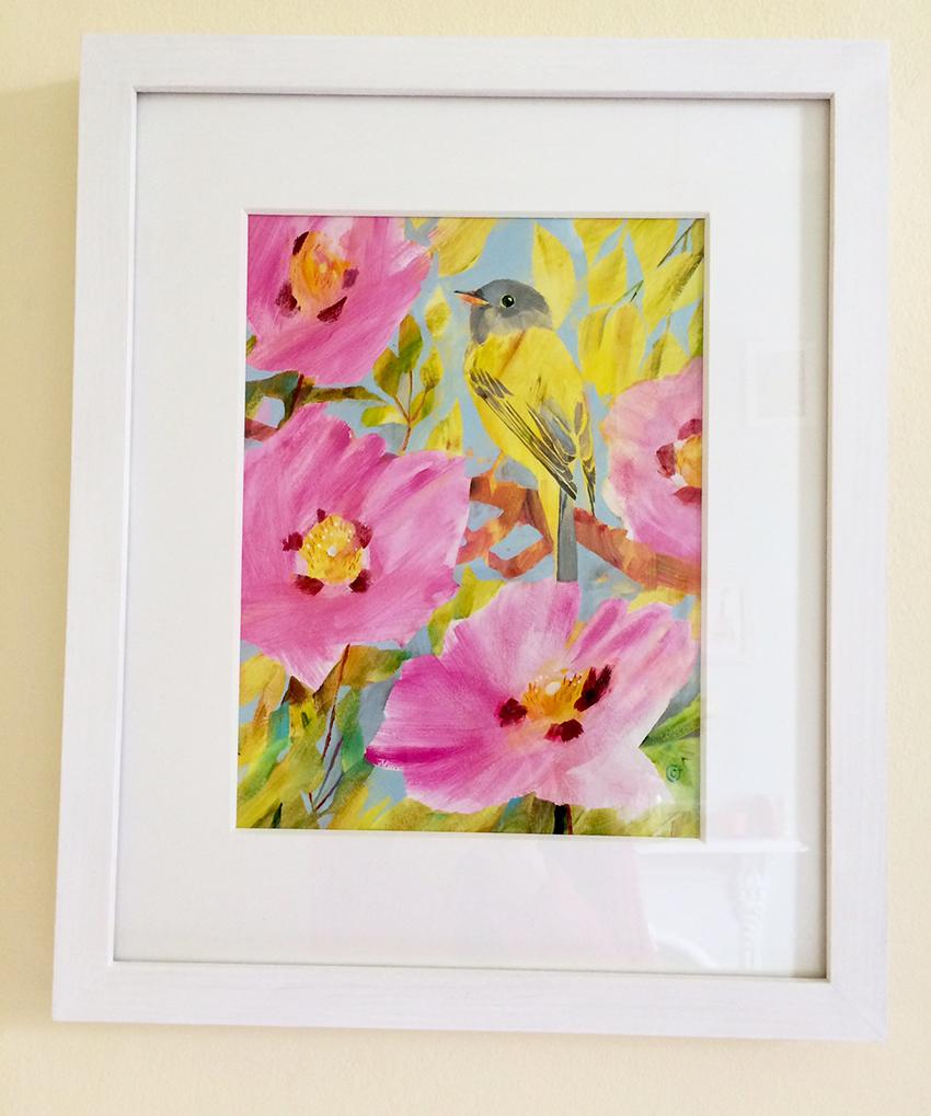 Díptico de Gorrión estival y Papamoscas canario, pinturas originales, Primavera en venta 1