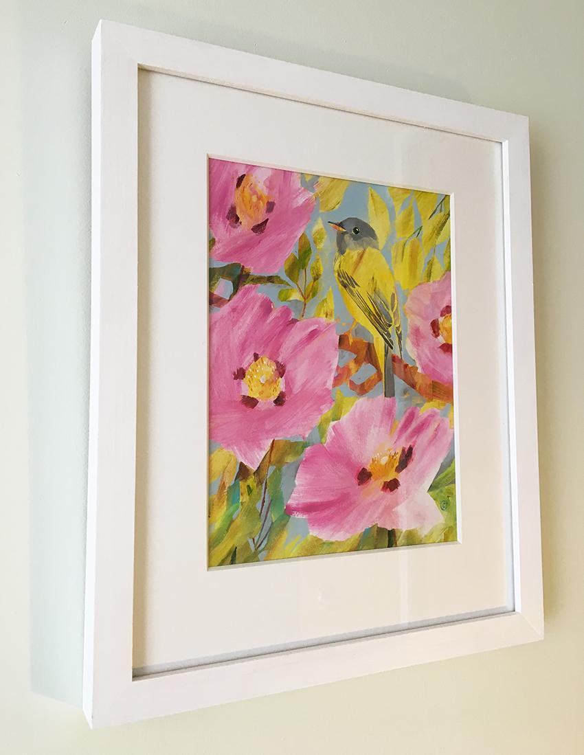 Díptico de Gorrión estival y Papamoscas canario, pinturas originales, Primavera en venta 2