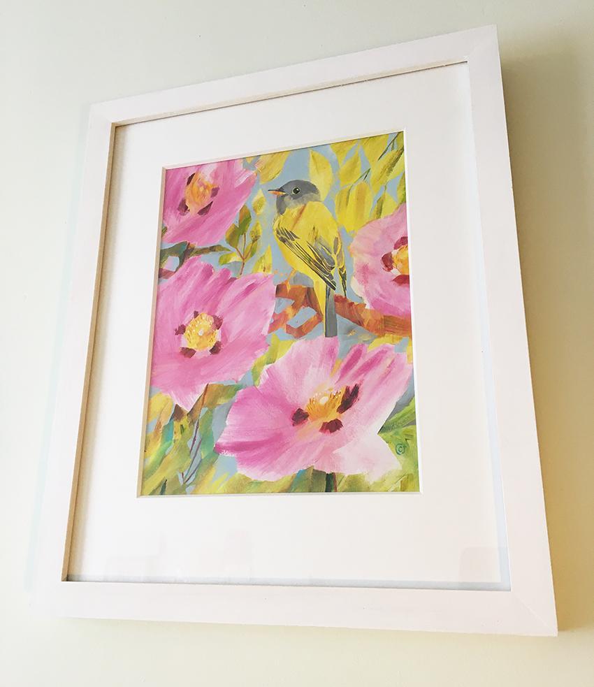 Díptico de Gorrión estival y Papamoscas canario, pinturas originales, Primavera en venta 3
