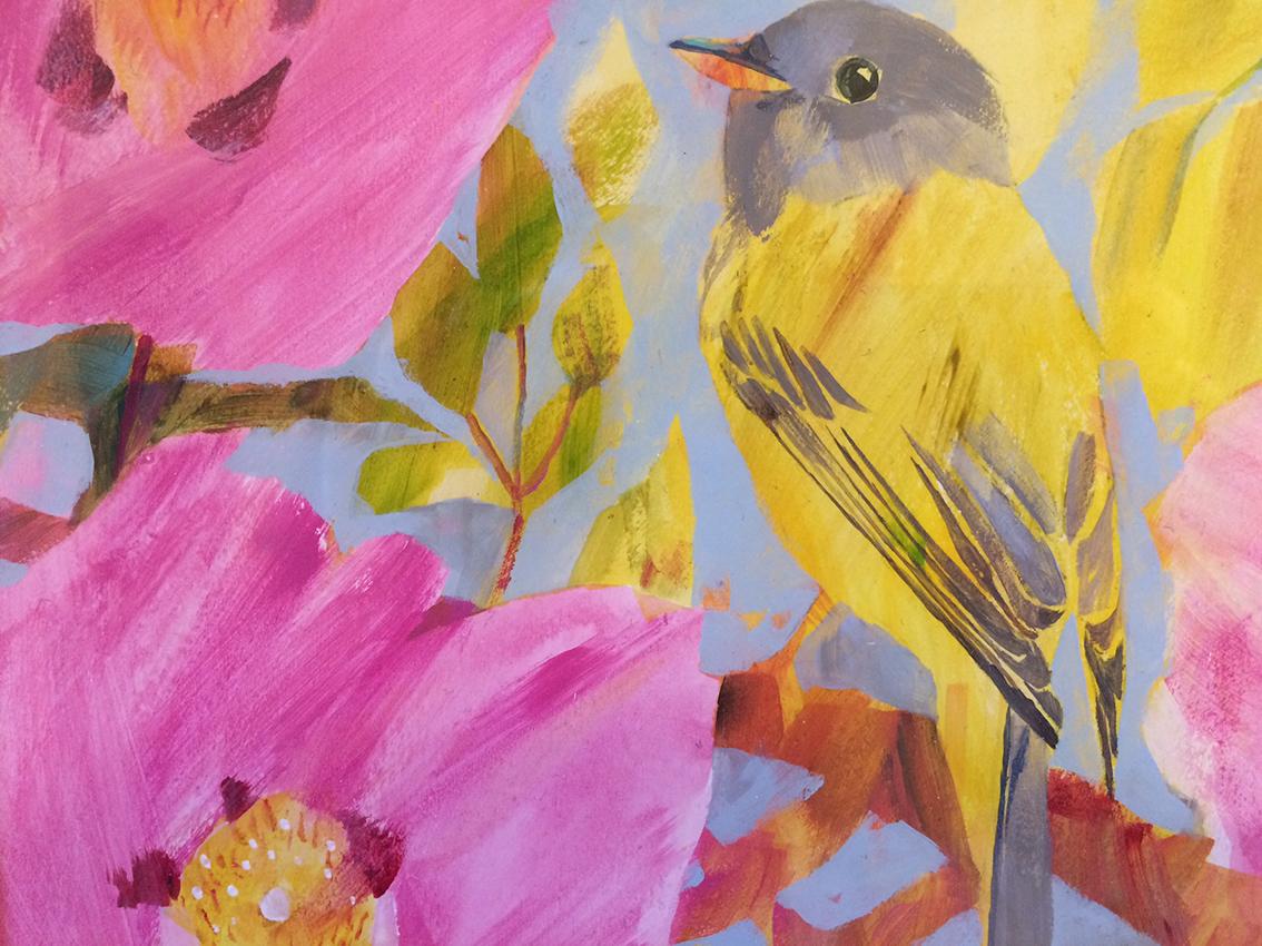 Díptico de Gorrión estival y Papamoscas canario, pinturas originales, Primavera en venta 4