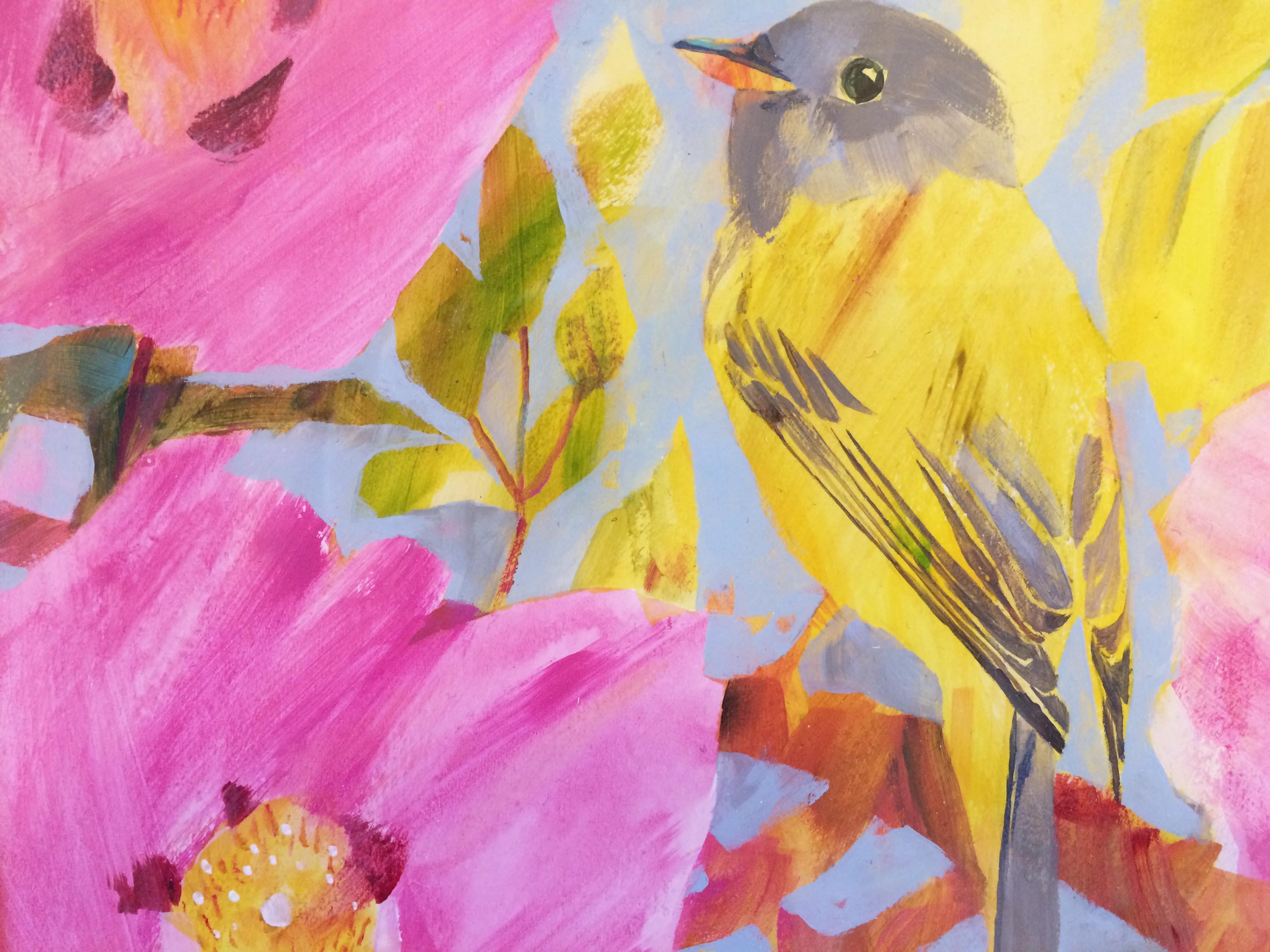 « Flycatcher Canary » par CAROLYN CARTER, peintures d'oiseaux, art animalier d'origine - Beige Animal Painting par Carolyn Carter