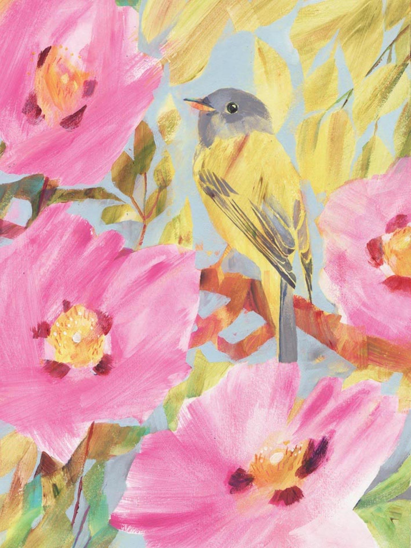 Animal Painting Carolyn Carter - « Flycatcher Canary » par CAROLYN CARTER, peintures d'oiseaux, art animalier d'origine