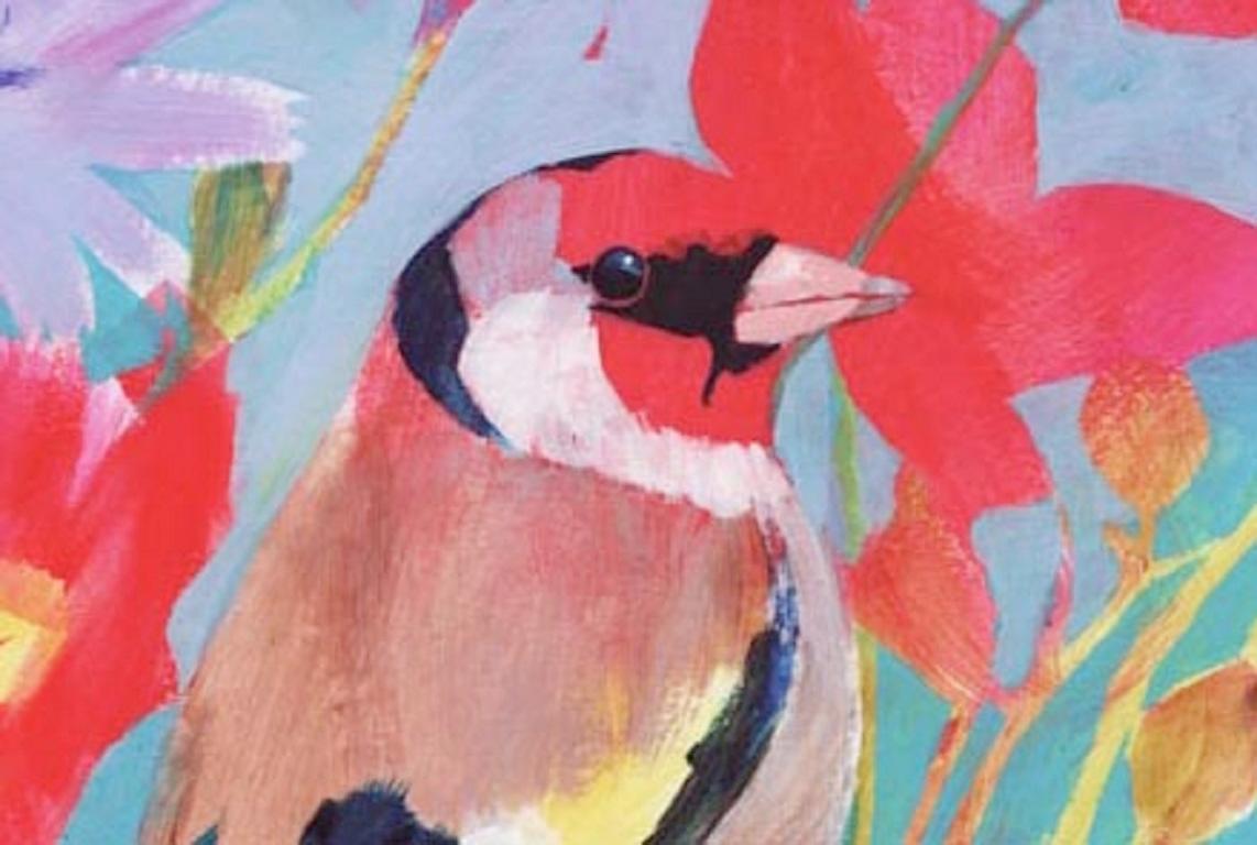 One of a series of bird inspired artworks by the artist, Carolyn Carter. This beautiful Goldfinch rests in a vibrant, contemporary, summertime floral setting, which was inspired by a visit to Hampton Court Flower Show! Original Acrylic painting on