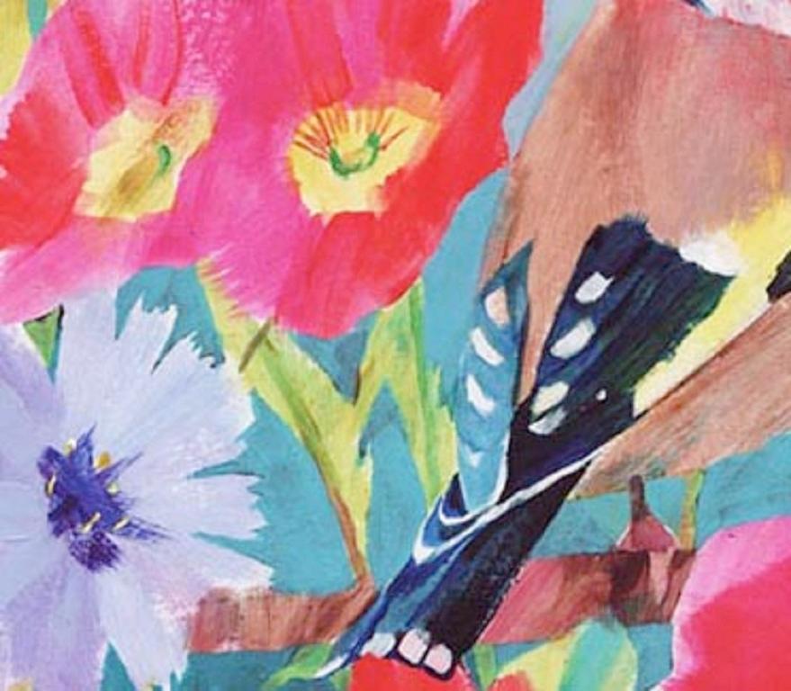 Eine von Vögeln inspirierte Serie von Kunstwerken der Künstlerin Carolyn Carter. Dieser wunderschöne Stieglitz ruht in einer lebhaften, zeitgenössischen, sommerlichen Blumenkulisse, die durch einen Besuch der Hampton Court Flower Show inspiriert