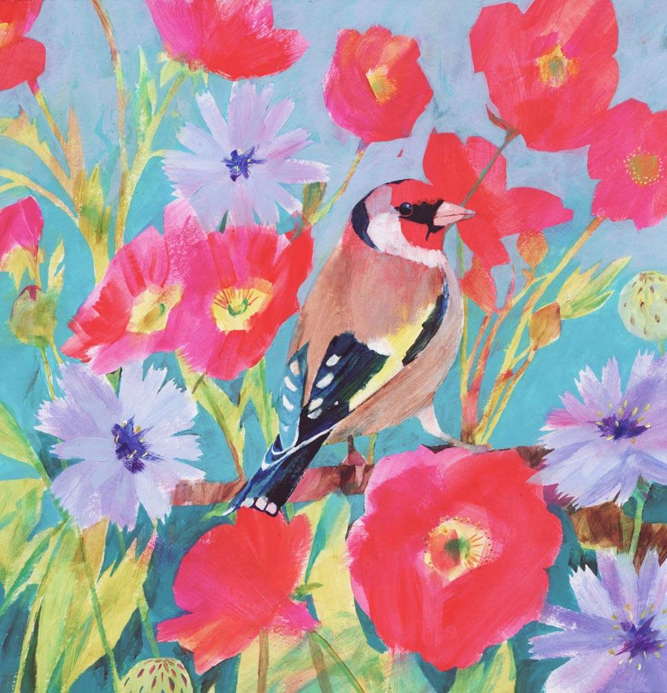 Carolyn Carter Animal Painting - Goldfinch, original painting, Bird, Floral, Spring Art, Nature