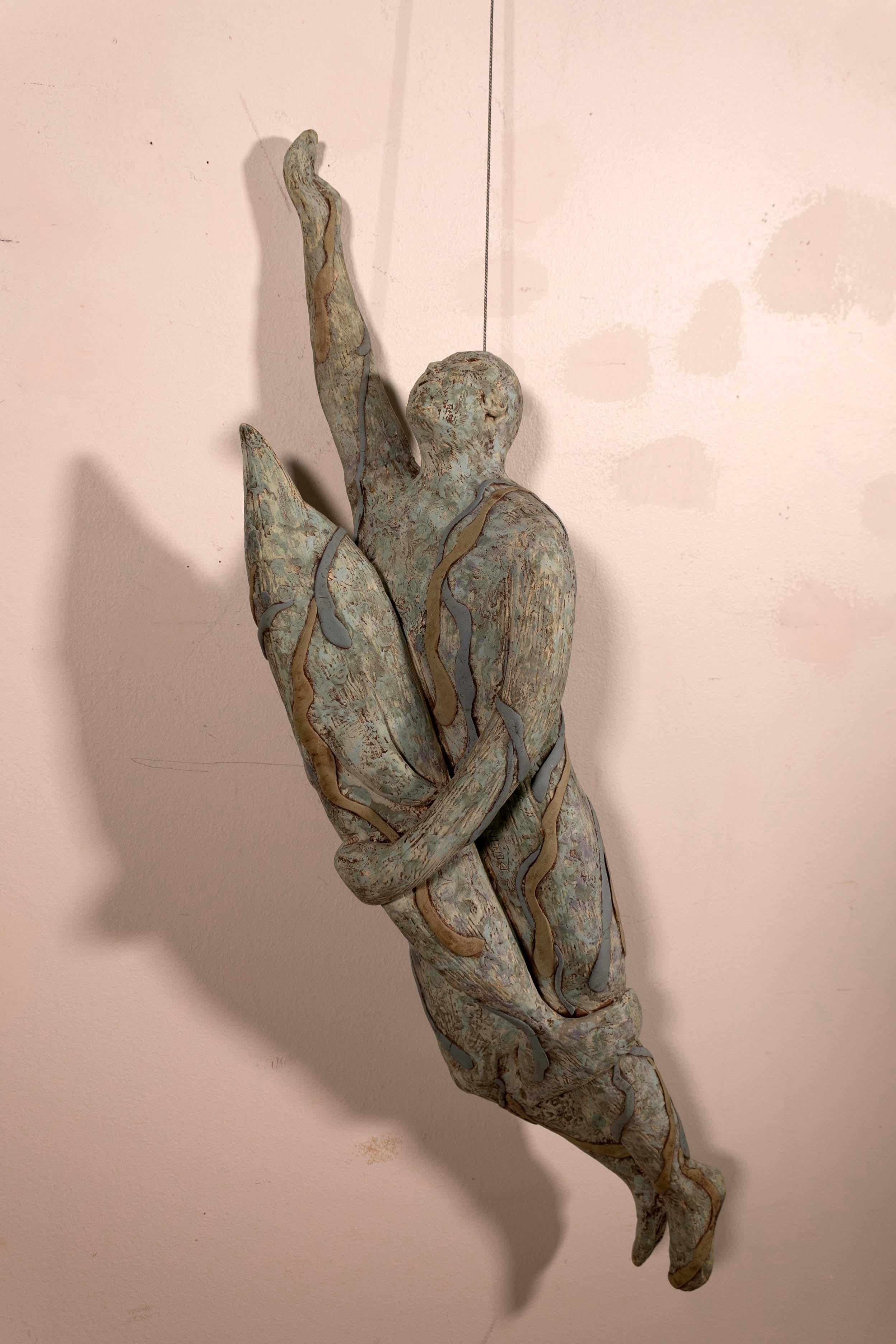 Carolyn Dulin Signed Figure & Dolphin Modernist Studio Ceramic Hanging Sculpture For Sale 1