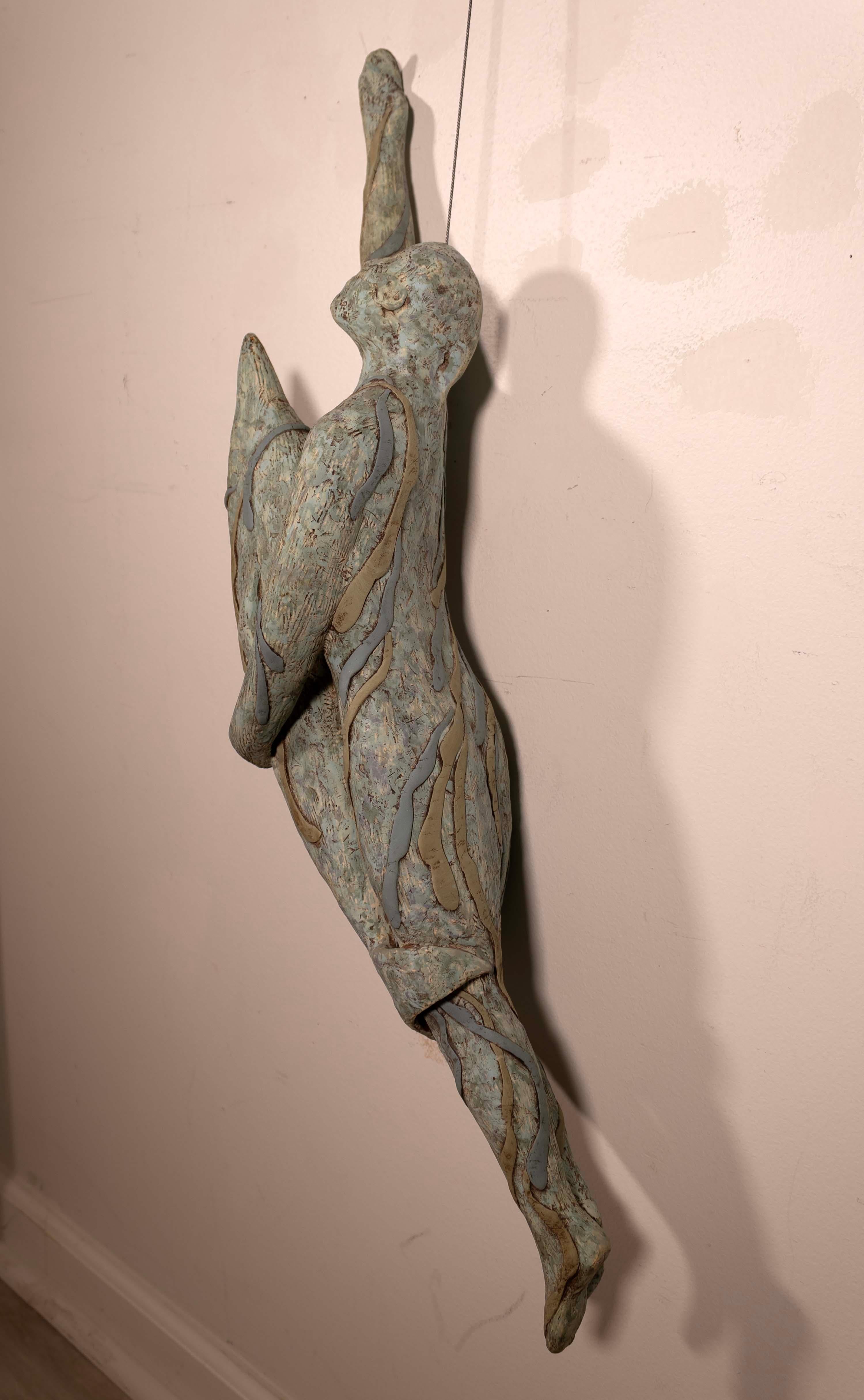 Carolyn Dulin Signed Figure & Dolphin Modernist Studio Ceramic Hanging Sculpture For Sale 2