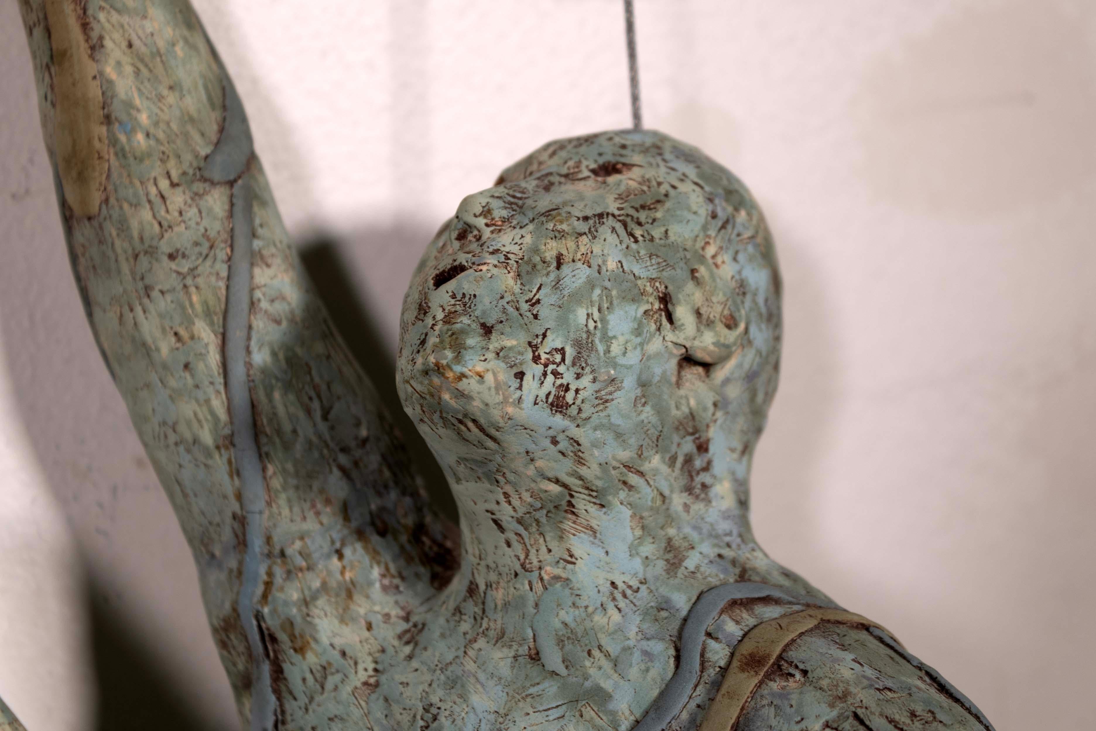 Carolyn Dulin Signed Figure & Dolphin Modernist Studio Ceramic Hanging Sculpture For Sale 4