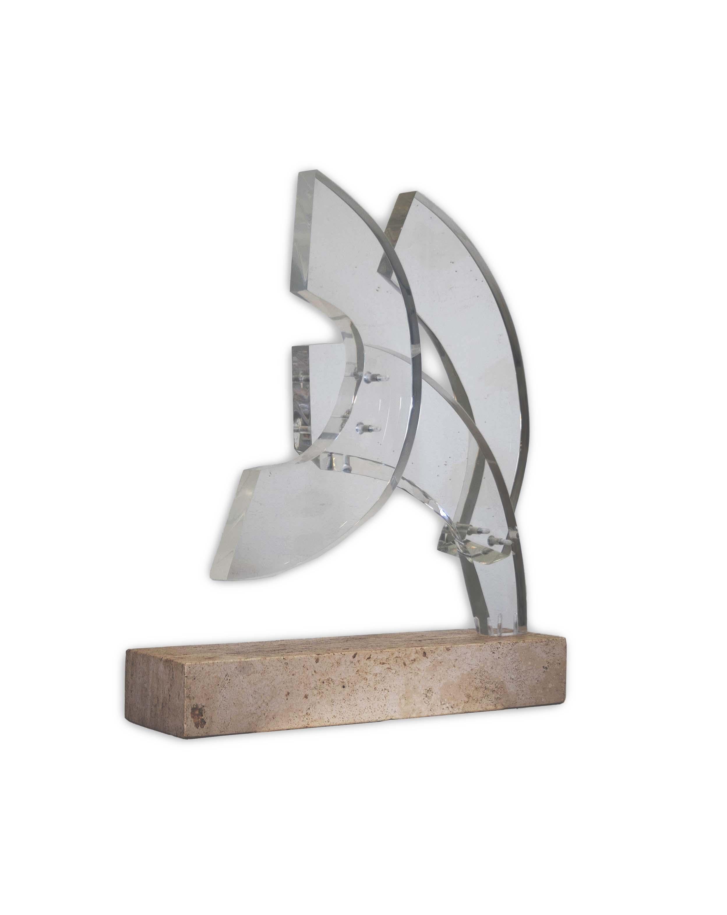 A minimal postmodern abstract lucite sculpture on a stone base by sculptor Carolyn Goyette. Signed on base. Created circa 1980s. Connecting curved forms are attached on the stone base to create a dynamic composition that is full of energy and
