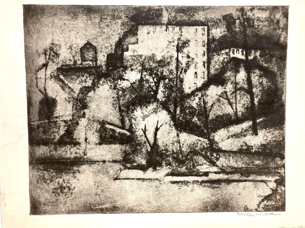 This is a modernist view of a New York City park. It's interesting because we're given so much detail and yet it's drawing style also keep things hidden. Really I think it's about Cubism.

It is signed in ink. (Most printmakers of the period signed