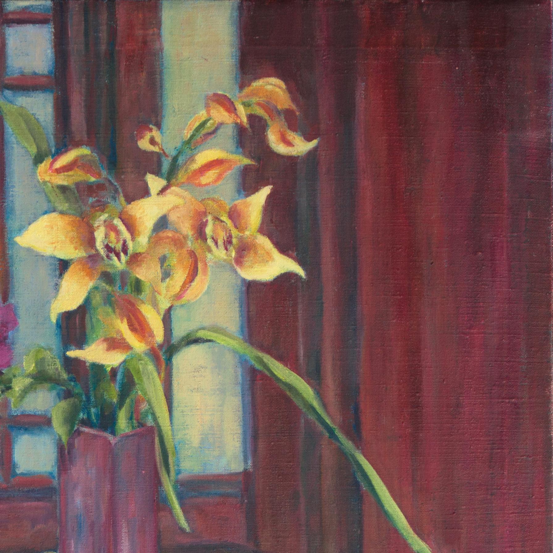 'Still Life of Orchids', Art Students League, Denver, Colorado - Gray Still-Life Painting by Carolyn Miller