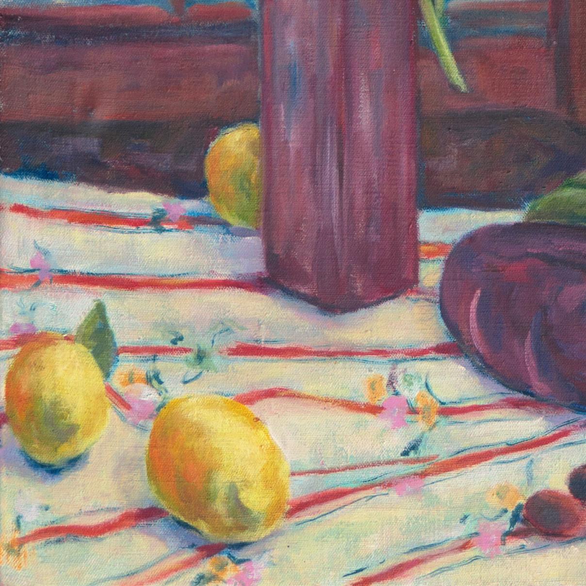 Signed lower right, 'Carolyn Miller' (American, 20th century) and painted circa 1975.

A substantial, Post-Impressionist oil still-life showing a view of various objects, including yellow orchids informally arranged in a purple vase, set on a table