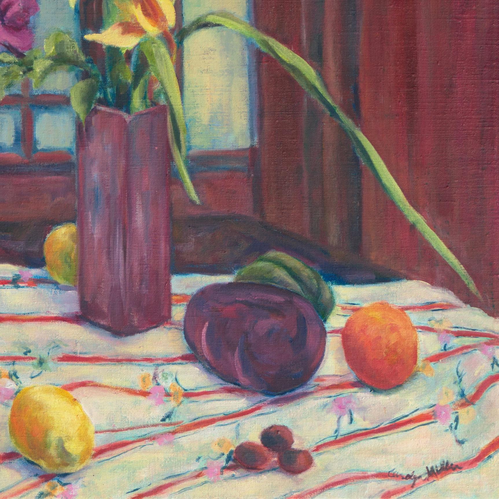Signed lower right, 'Carolyn Miller' (American, 20th century) and painted circa 1975.

A substantial, Post-Impressionist oil still-life showing a view of various objects, including yellow orchids informally arranged in a purple vase, set on a table