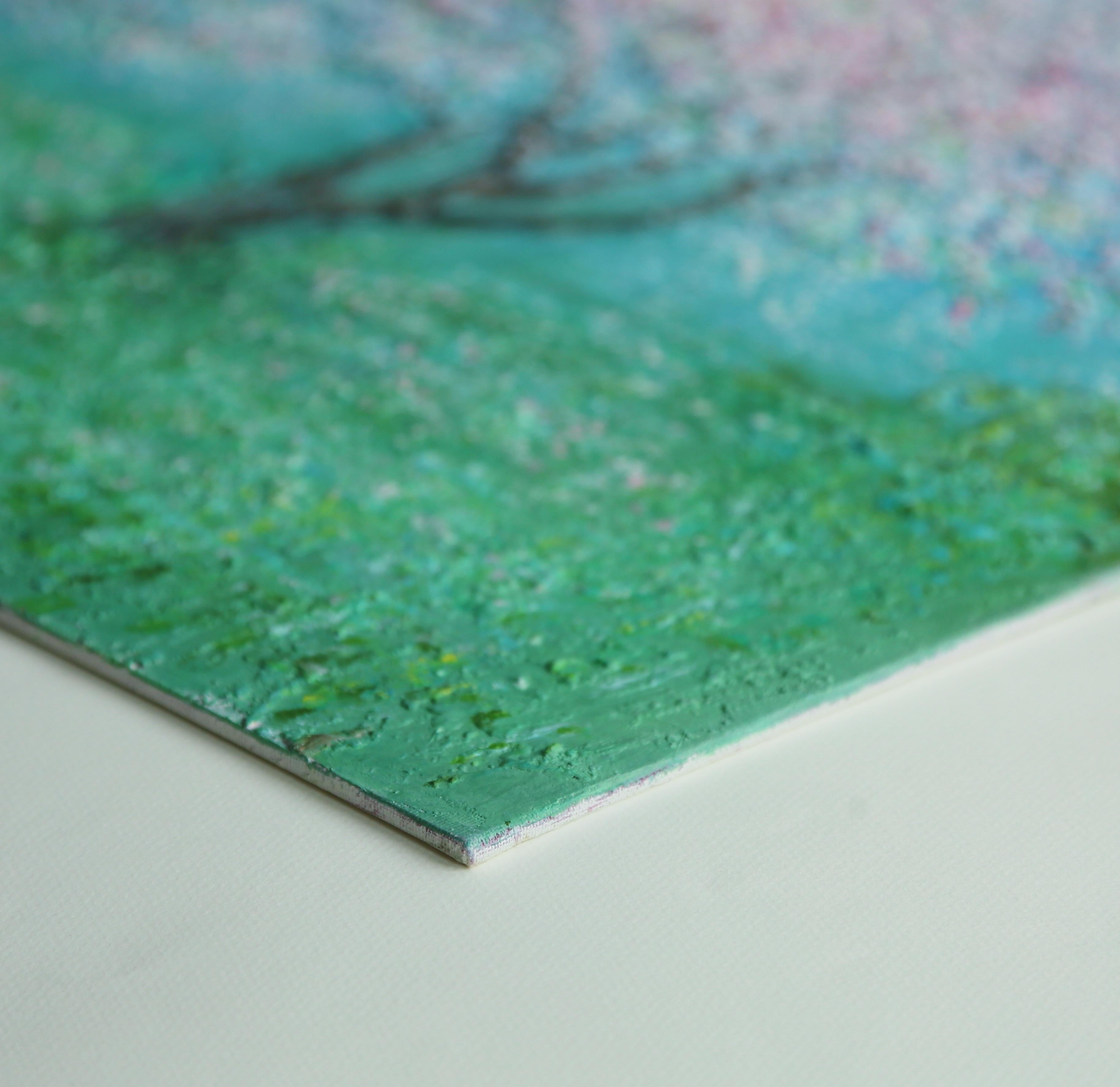 'Apple Blossom' (fleur de pommier)
Acrylique et plâtre de marbre sur toile.  Encadré
Taille de l'image 60x60 cm. 23.5