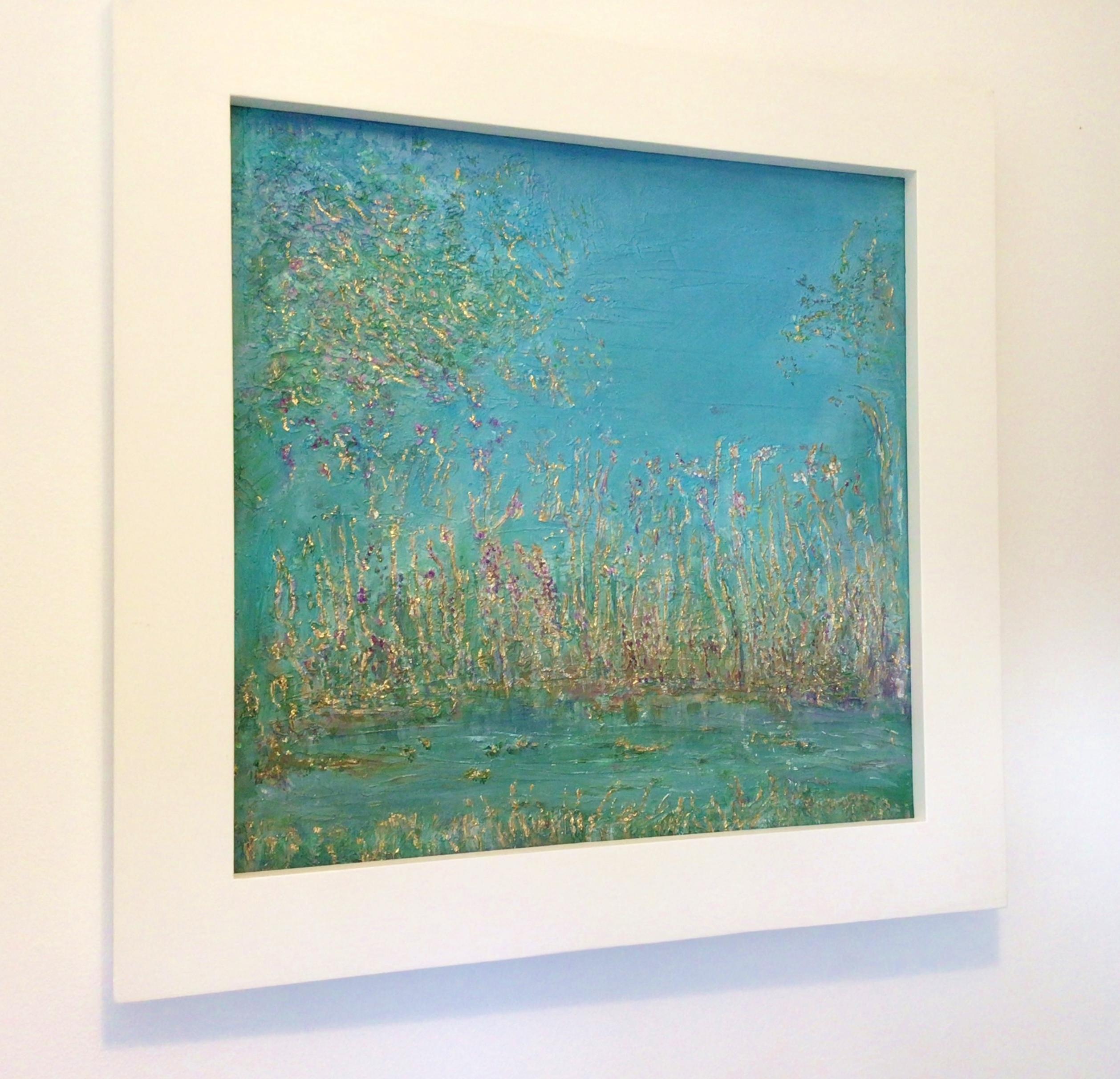 Goldenes Schimmern am Sommerbach
Acryl und Marmorgips auf Leinwandkarton
50x50 cm

Ich fertige das Bild zunächst in Gips an, der aus Marmorstaub und einem Bindemittel besteht. Dies führt zu einem spürbar dimensionalen Aussehen und Gefühl. Nach der