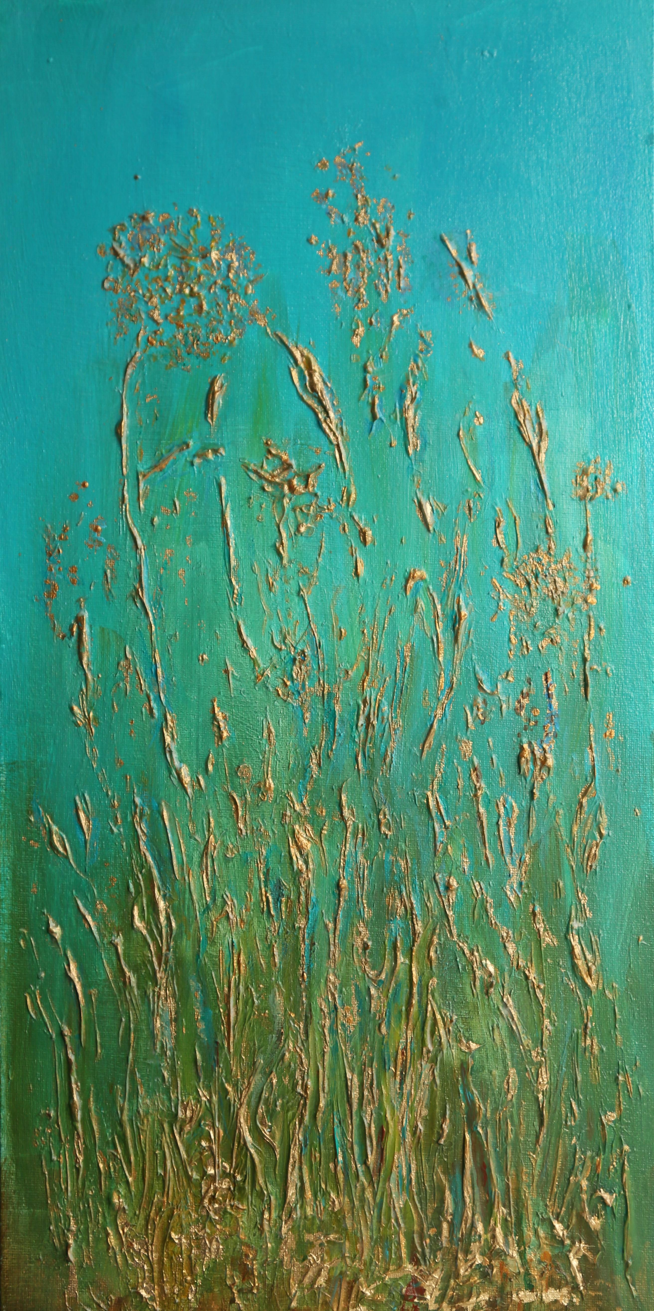 Herbes dorées. Peinture impressionniste contemporaine en diptyque en vente 8