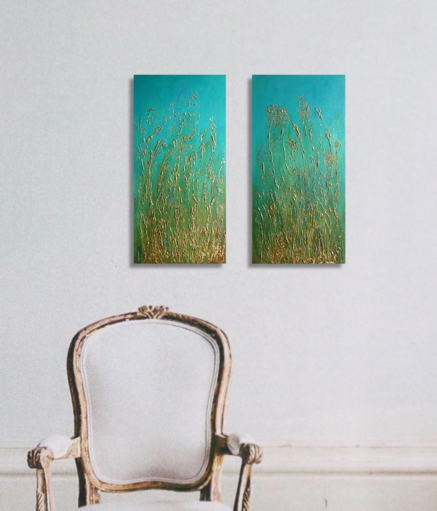 'Golden Grasses No.1 & No.2'
Acrylic, moulding medium, Gesso and composite gold leaf on canvas board
Each panel 25x50 cm

I use the moulding paste to create the structure of the picture. This produces a tangibly dimensional look and feel. After