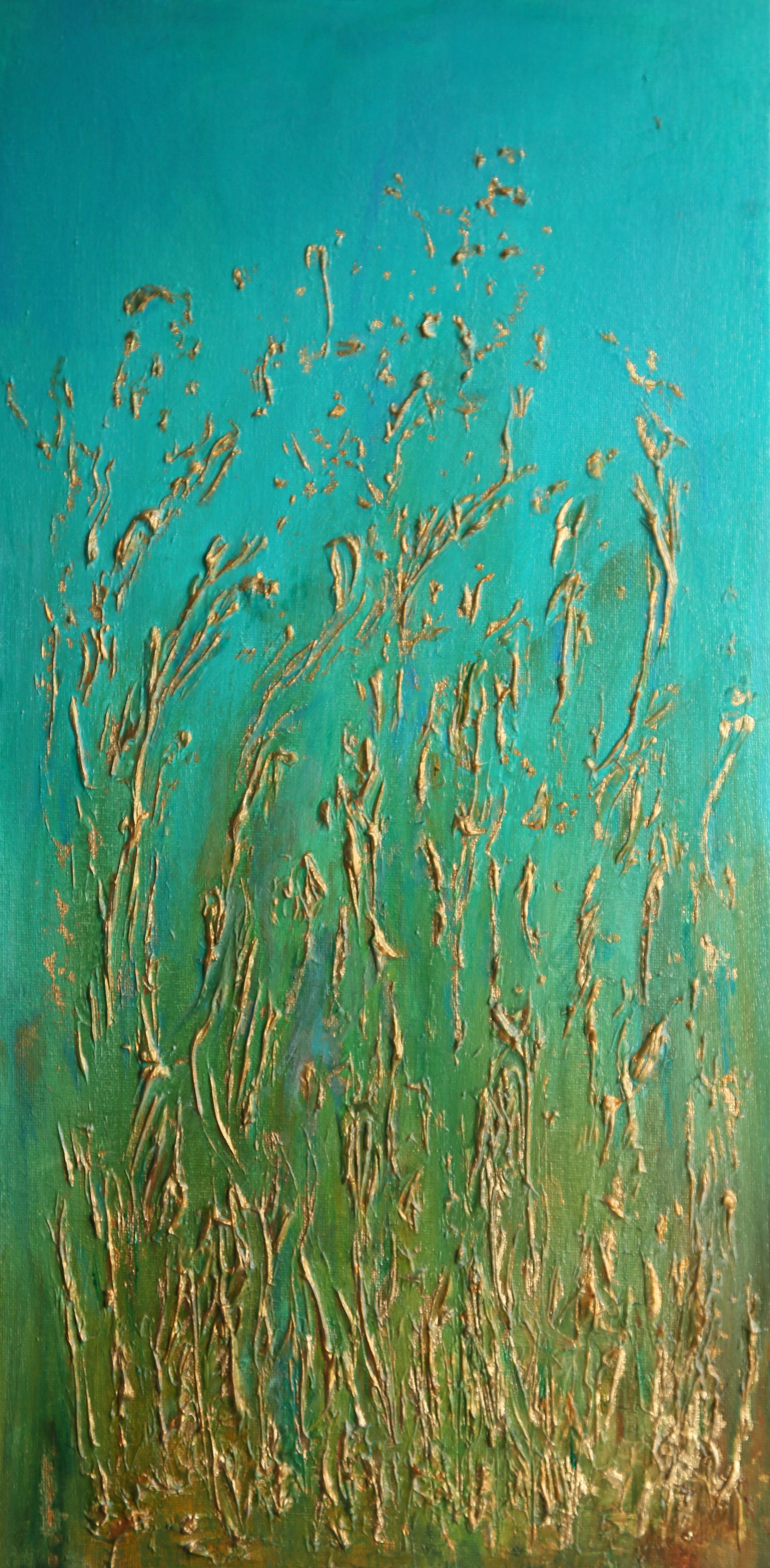 Herbes dorées. Peinture impressionniste contemporaine en diptyque en vente 3
