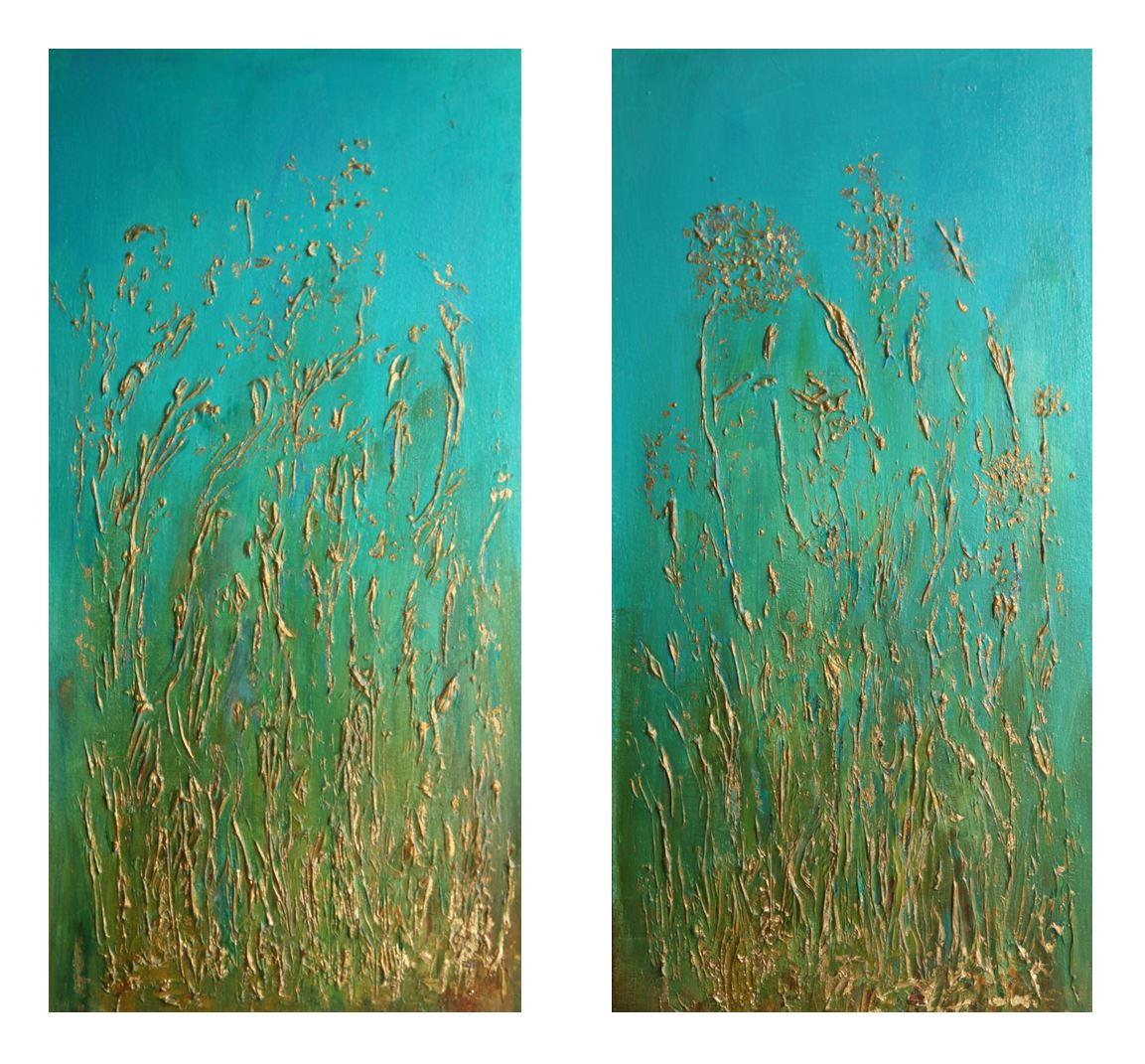 Still-Life Painting Carolyn Miller - Herbes dorées. Peinture impressionniste contemporaine en diptyque