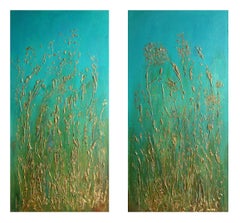 Herbes dorées. Peinture impressionniste contemporaine en diptyque